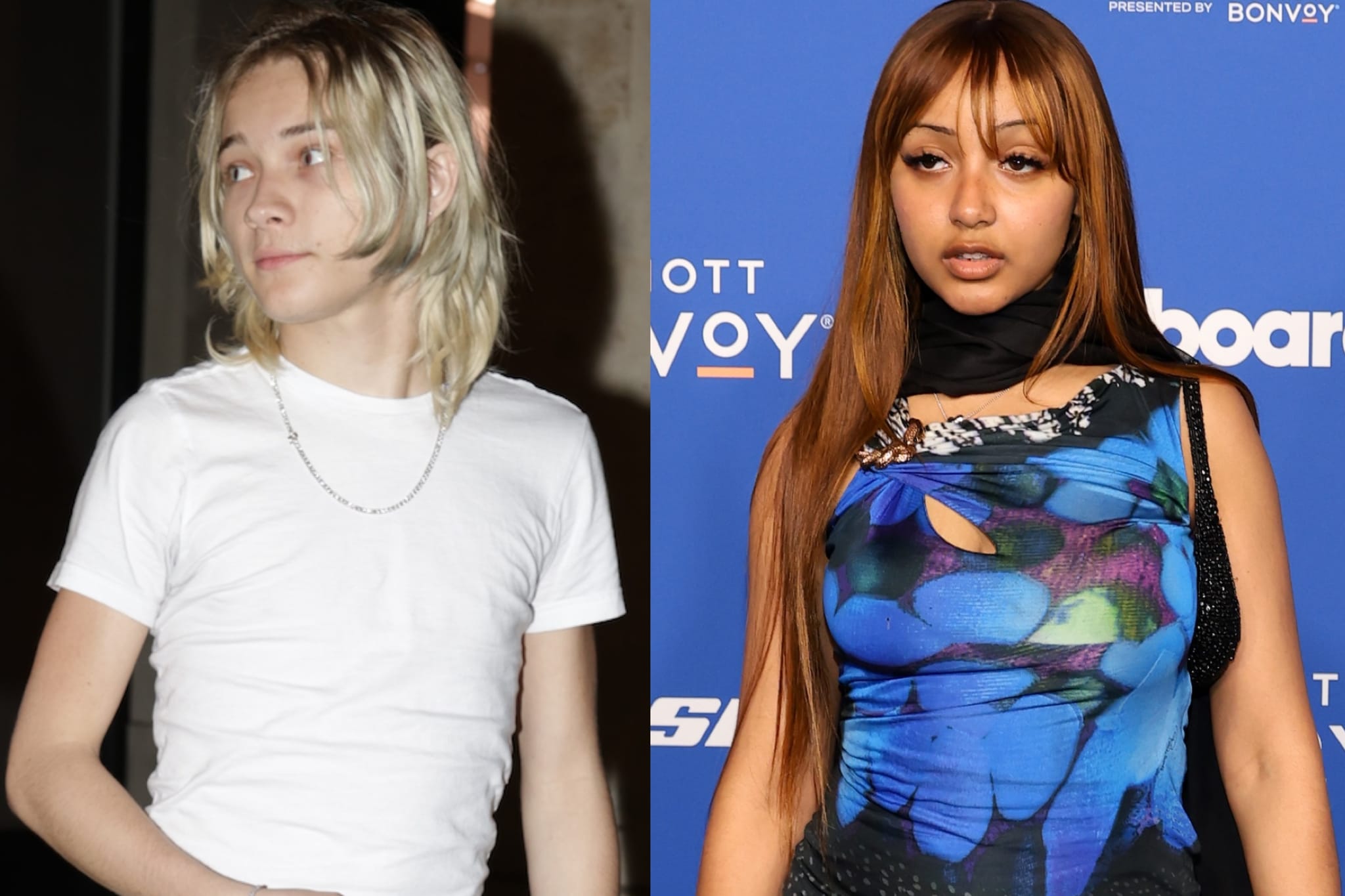 A split image: on the left, Nettspend with long blonde hair in a white shirt; on the right, Pinkpantheress with long brown hair in a colorful dress at an event.