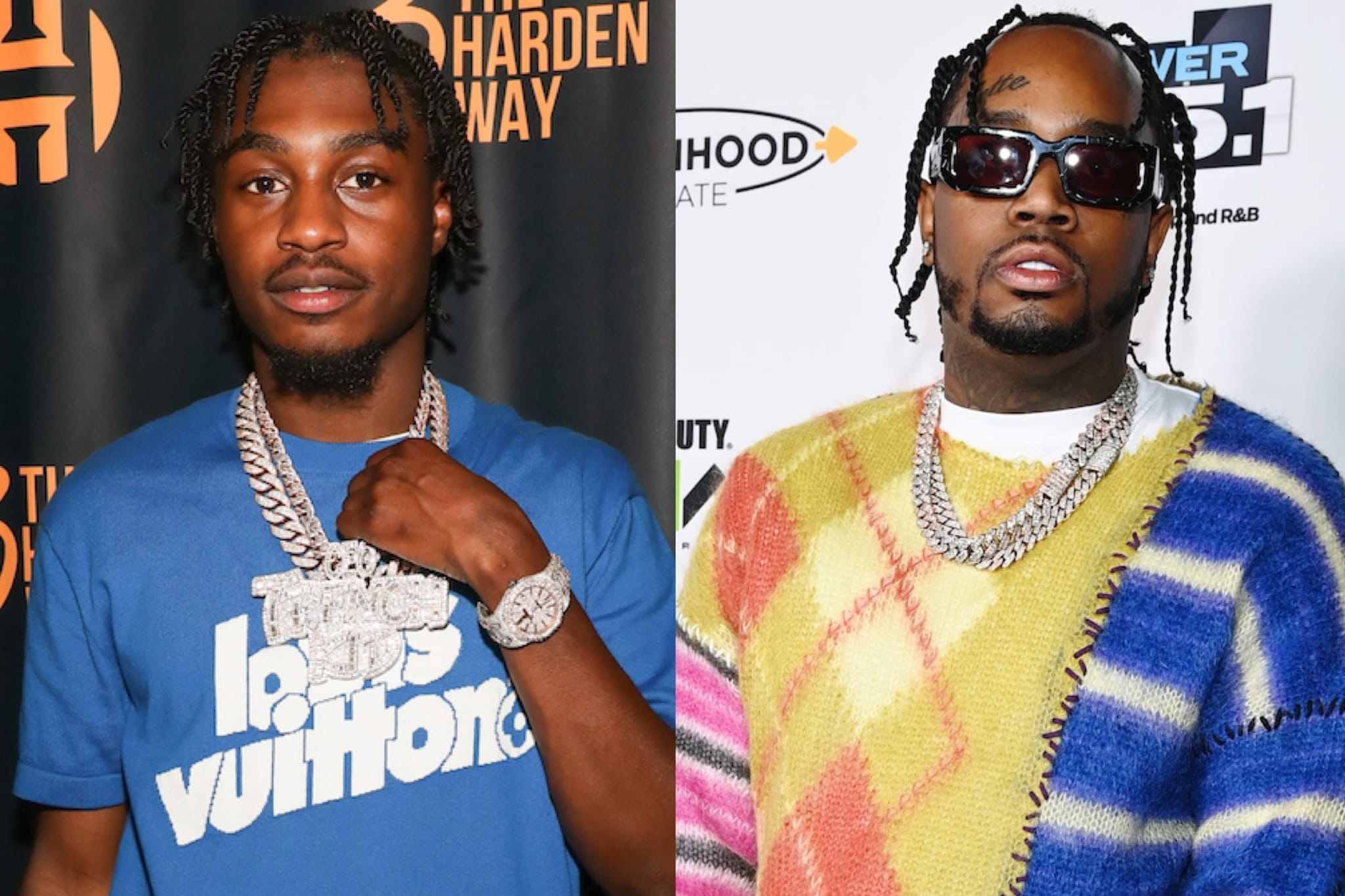 Rappers Lil Tjay and Fivio Foreign. Lil Tjay wears a blue Louis Vuitton shirt, while Fivio Foreign sports a colorful sweater and sunglasses.