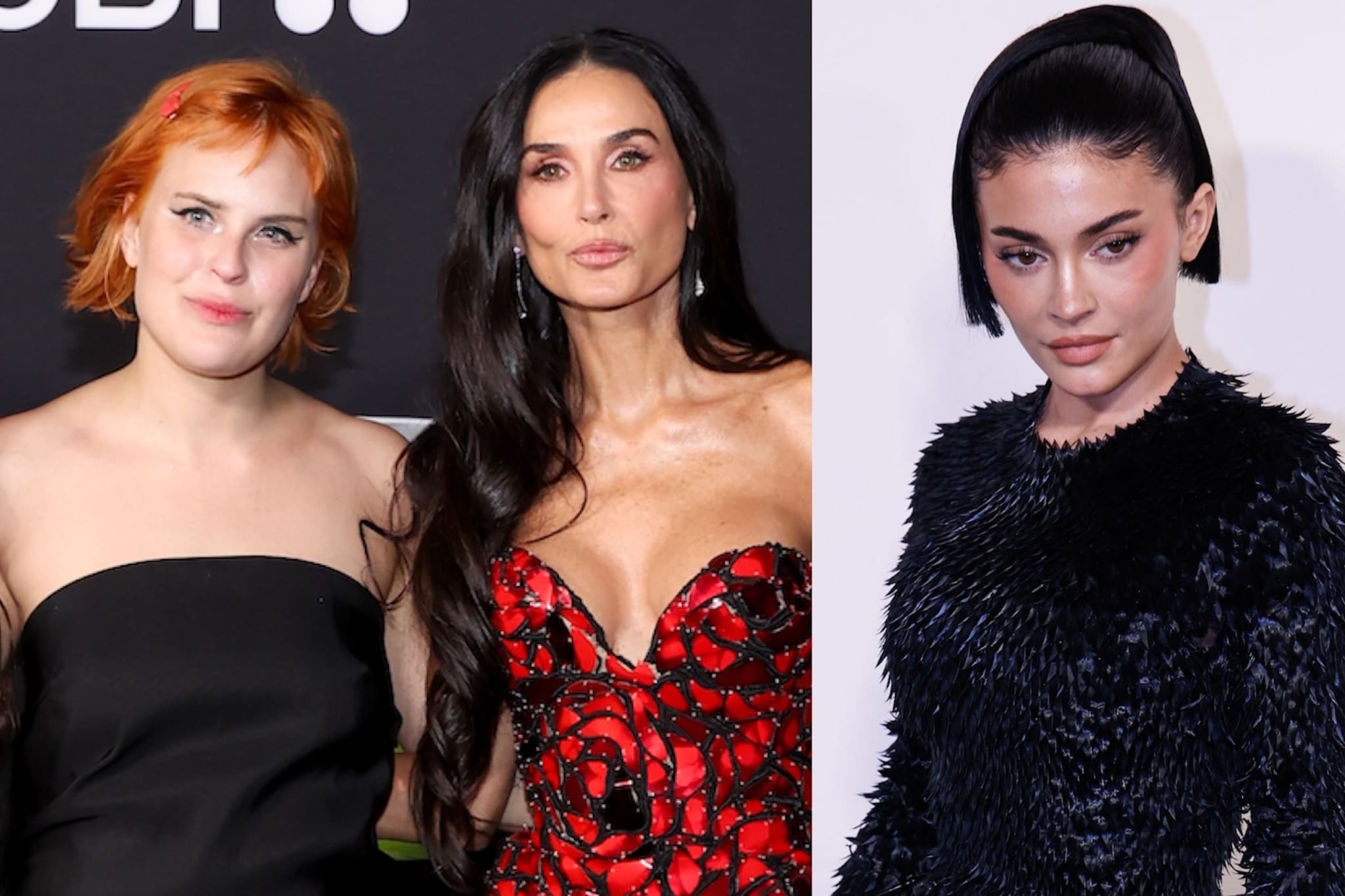 Tallulah Willis and Demi Moore pose together; Kylie Jenner stands separately, all in stylish outfits at an event.