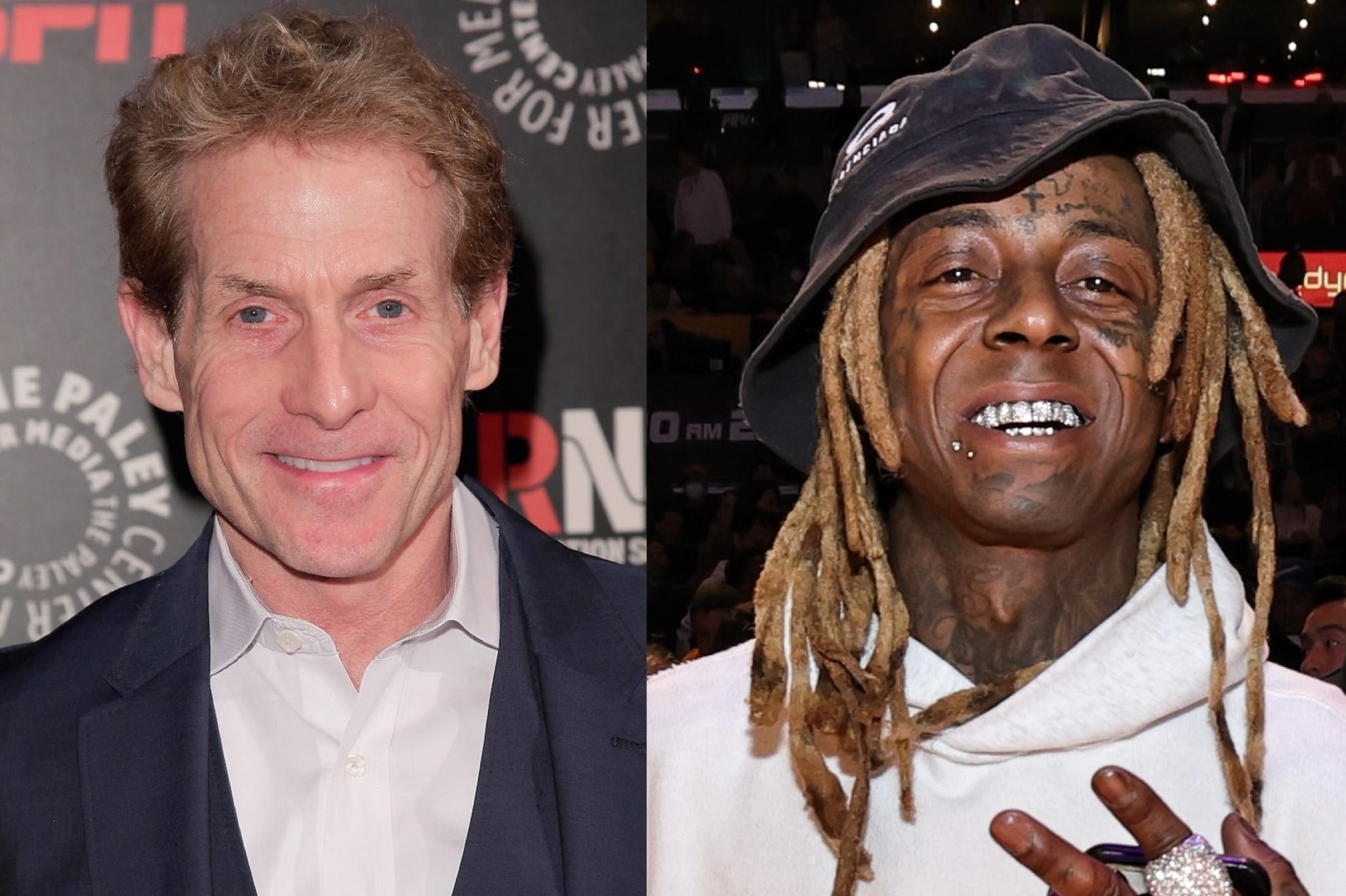 Skip Bayless in a suit and Lil Wayne with dreadlocks and a hat, smiling at an event.