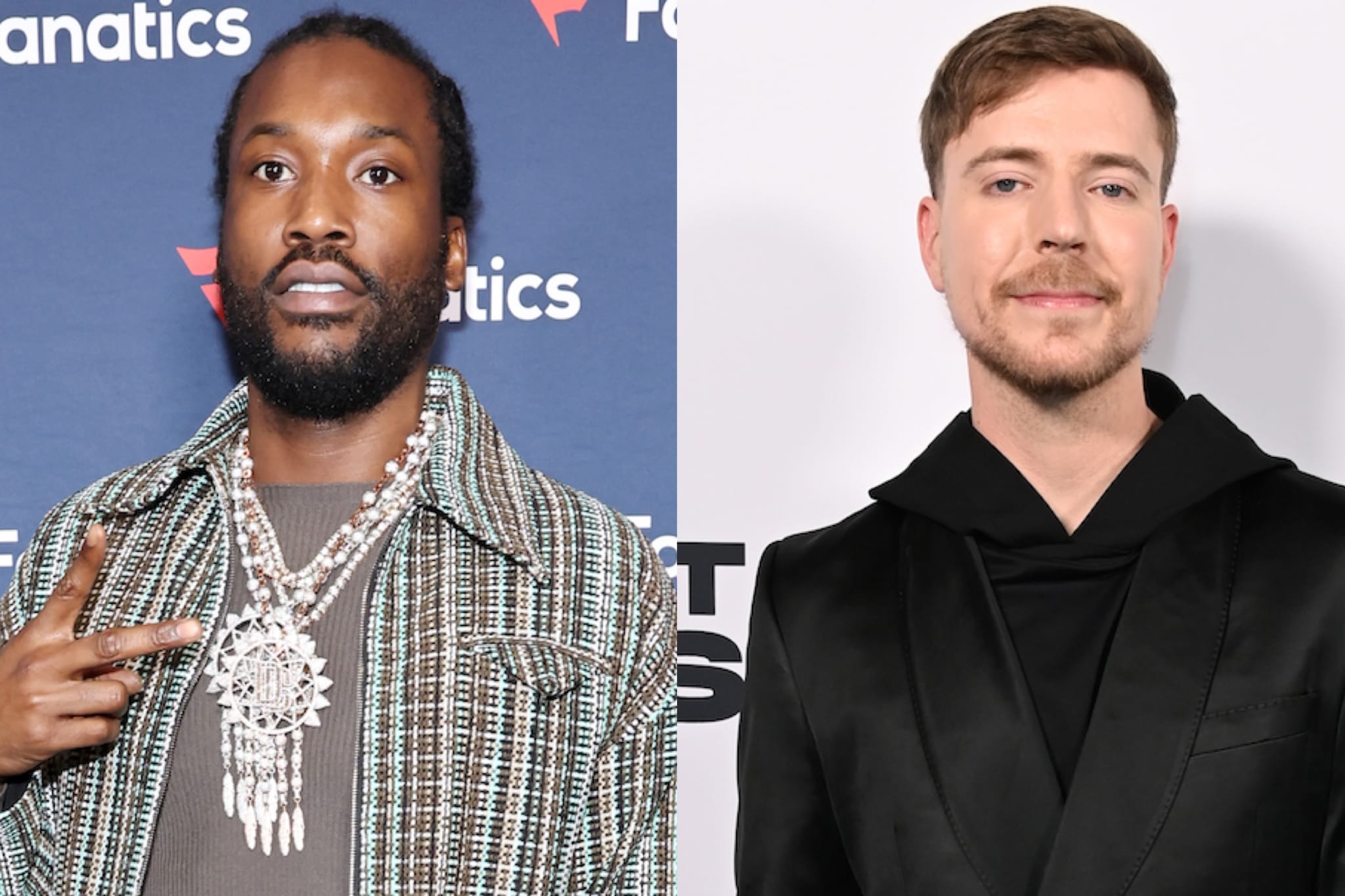 Meek Mill and MrBeast posing together; Meek Mill wears a patterned jacket and necklace, MrBeast in a black suit.