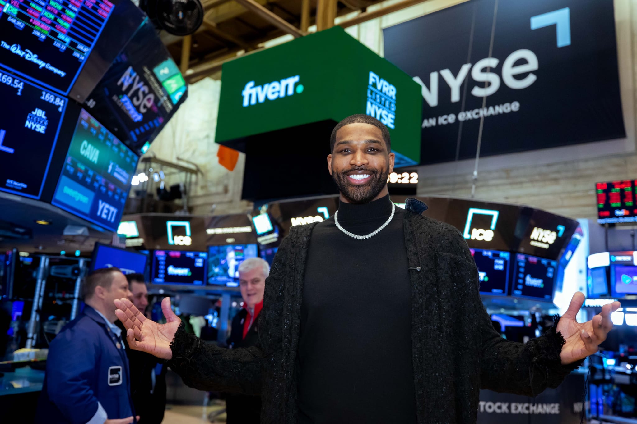 NEW YORK, NEW YORK - FEBRUARY 19: NBA player Tristan Thompson tours the New York Stock Exchange during morning trading on February 19, 2025 in New York City. The stock market opened low amid U.S. President Donald Trump's latest 25% tariff hike and the release of the latest Federal Reserve minutes.