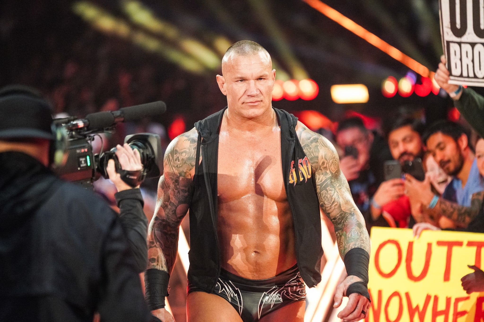 TORONTO, CANADA - MARCH 1: Randy Orton makes his entrance during WWE Elimination Chamber at Rogers Centre on March 1, 2025 in Toronto, Canada.