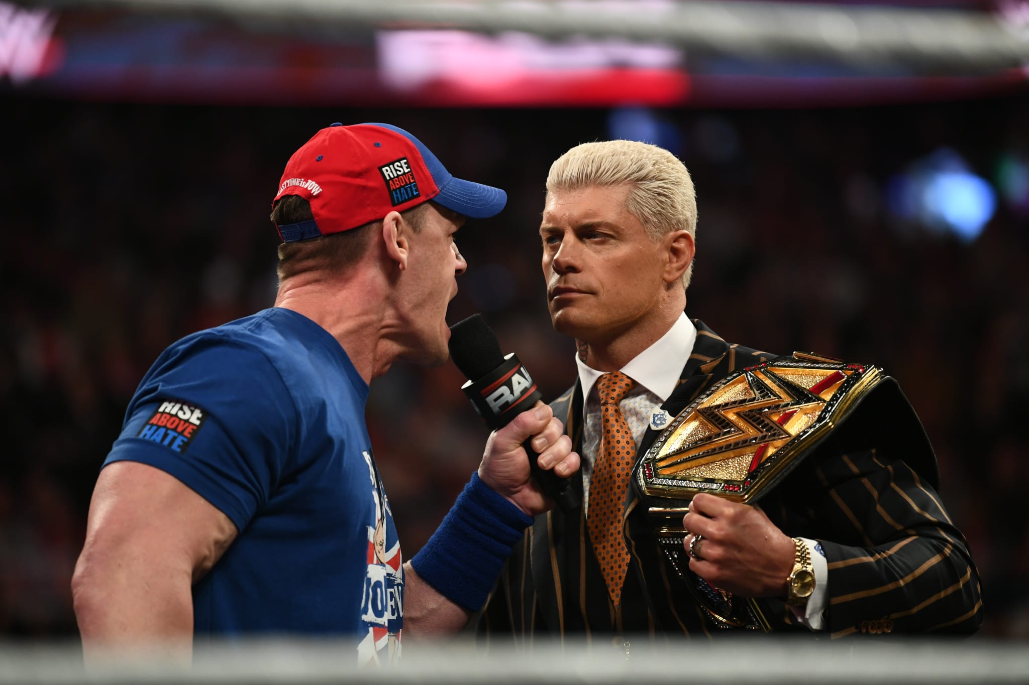 LONDON, ENGLAND - MARCH 31: John Cena in ring and Cody Rhodes during Monday Night RAW at The O2 Arena on March 31, 2025 in London, England. 