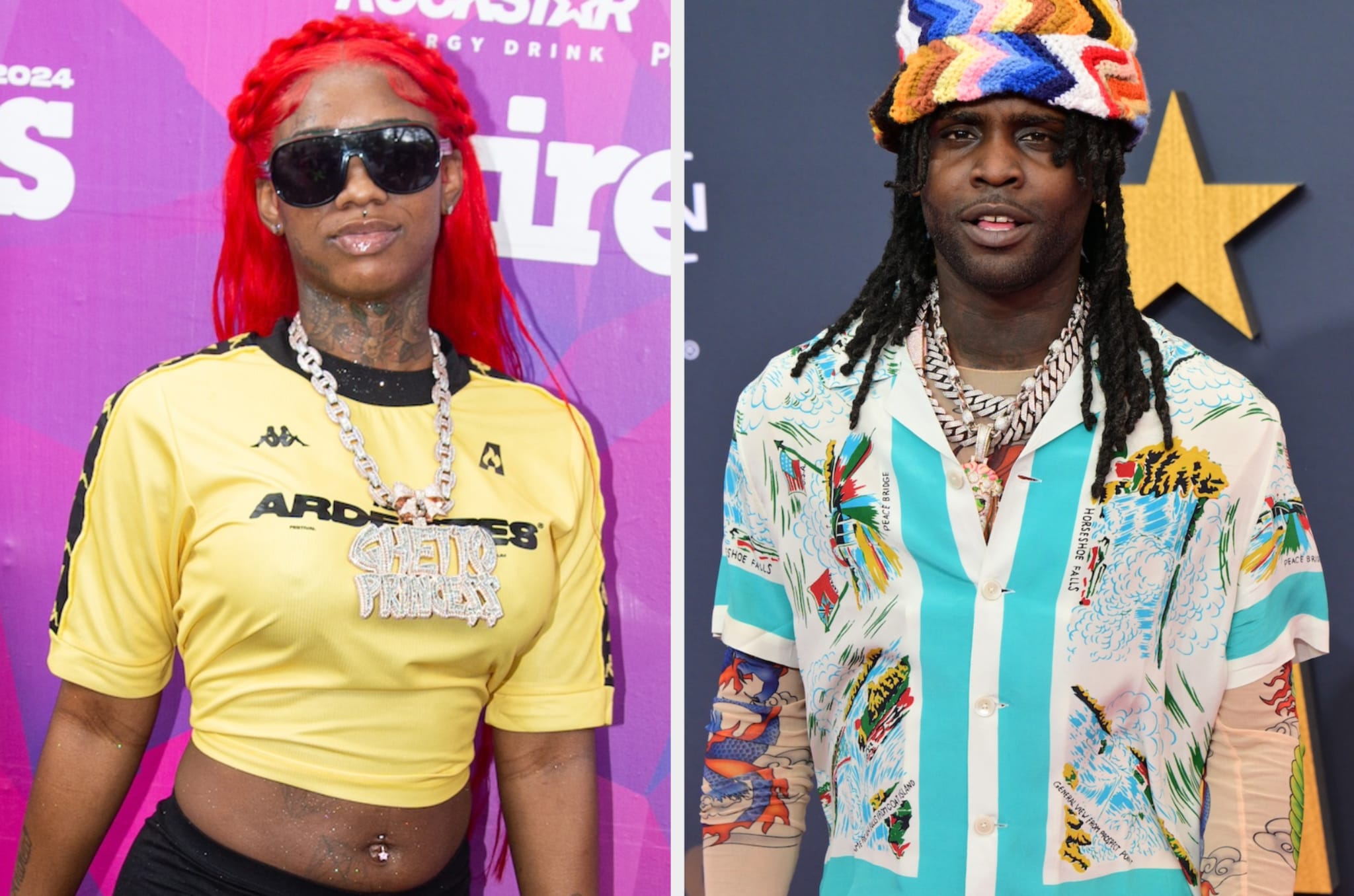Sexyy Red in a cropped sporty top with large jewelry, and Chief Keef in a colorful, patterned shirt and a vibrant hat at a music event