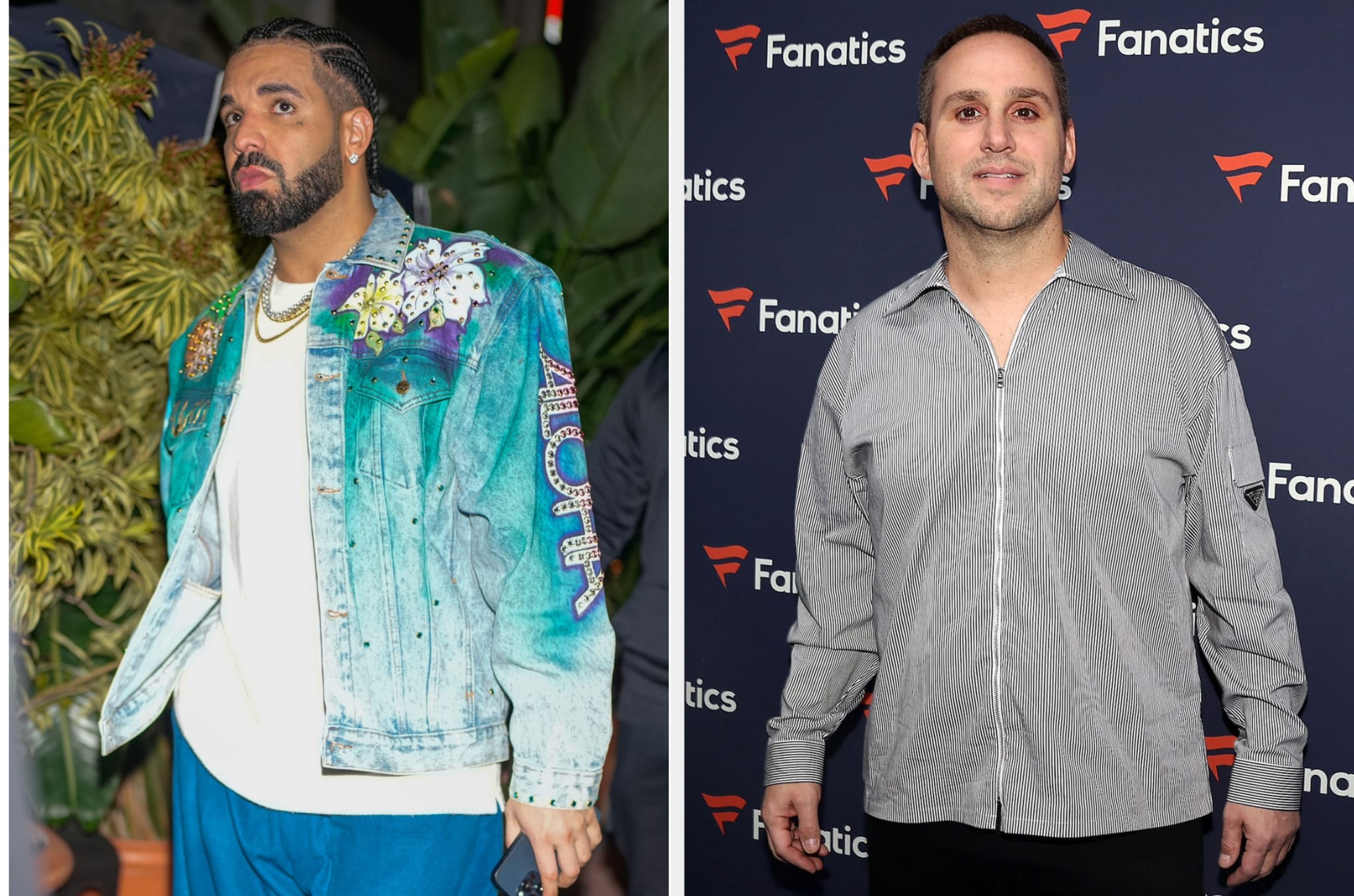 Drake in a denim jacket with detailed embellishments and a white shirt; Michael Rubin in a striped shirt in front of a backdrop with Fanatics logos