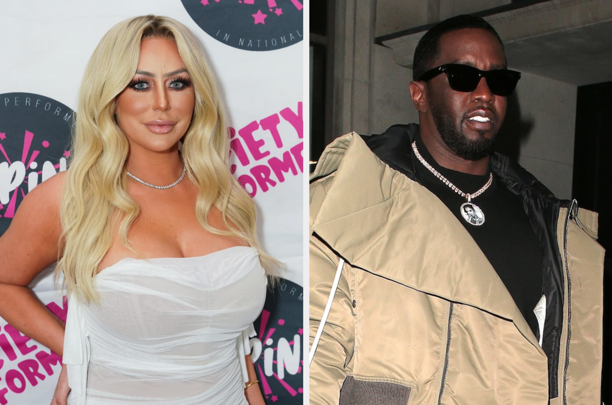 Aubrey O'Day poses in a white dress while Sean Combs wears a puffy jacket and shades