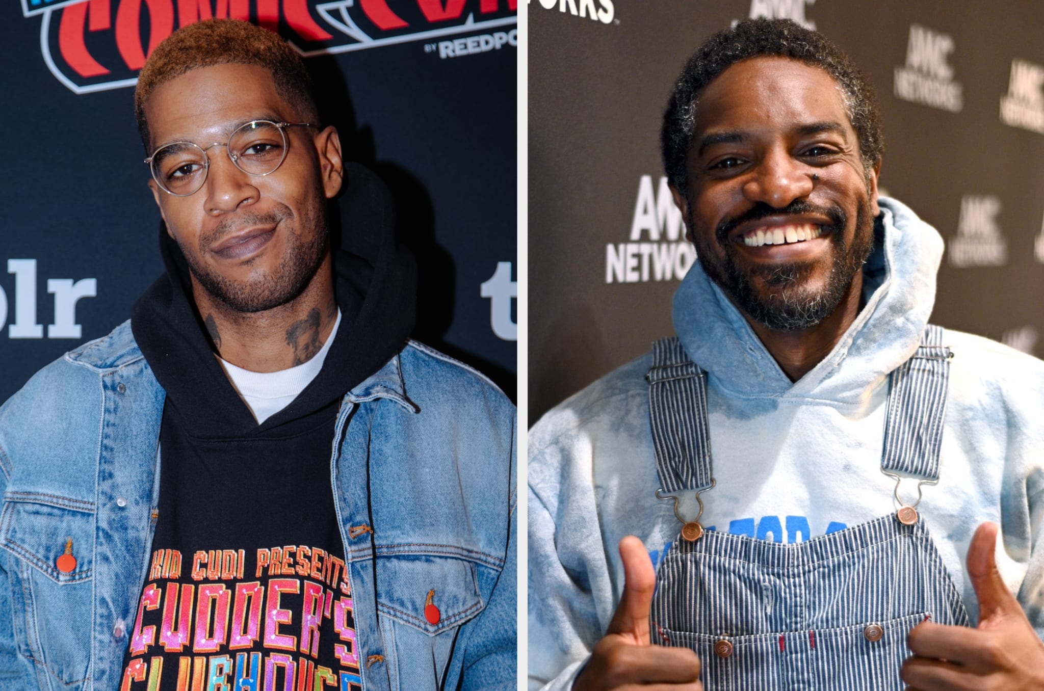 Kid Cudi in a graphic tee and denim jacket, Andre 3000 in a denim outfit, both smiling