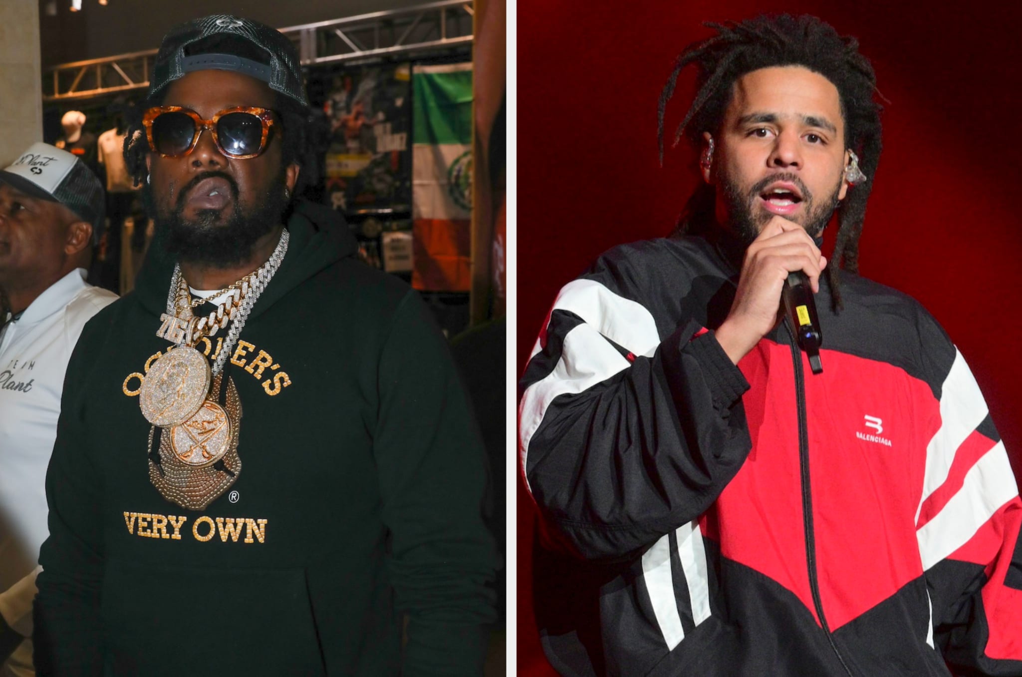 Two men at events: left wears sunglasses and chains, right speaks into microphone in a jacket