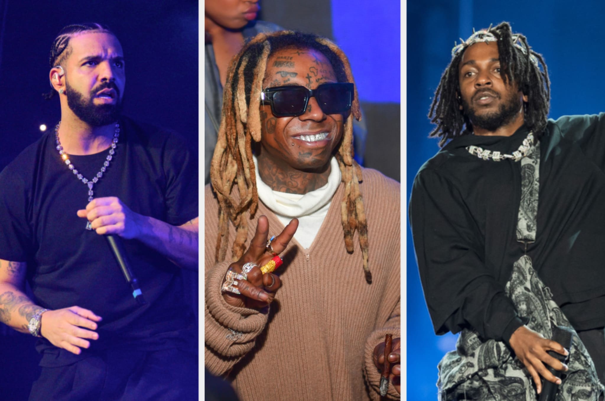 Drake in a black shirt performing, Lil Wayne in a sweater smiling, and J. Cole in patterned clothing on stage