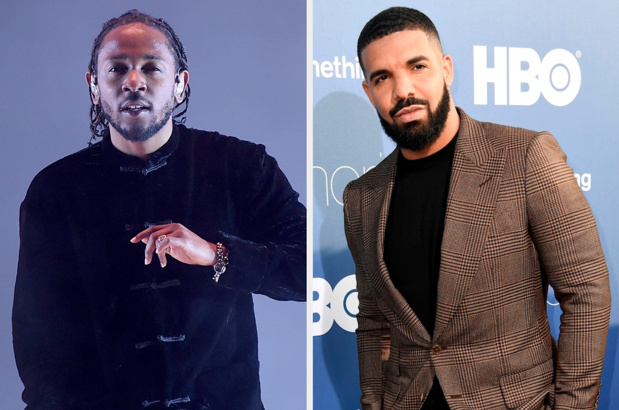 Kendrick Lamar in a black outfit and Drake in a patterned suit at separate events
