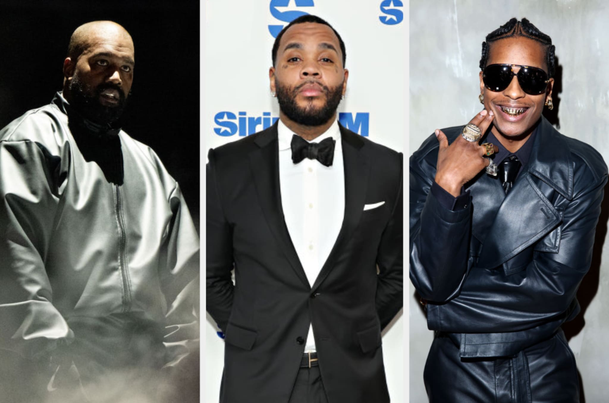 Three male artists pose separately; one wears a silk outfit, another in a tuxedo with a bow tie, and the third in a leather jacket