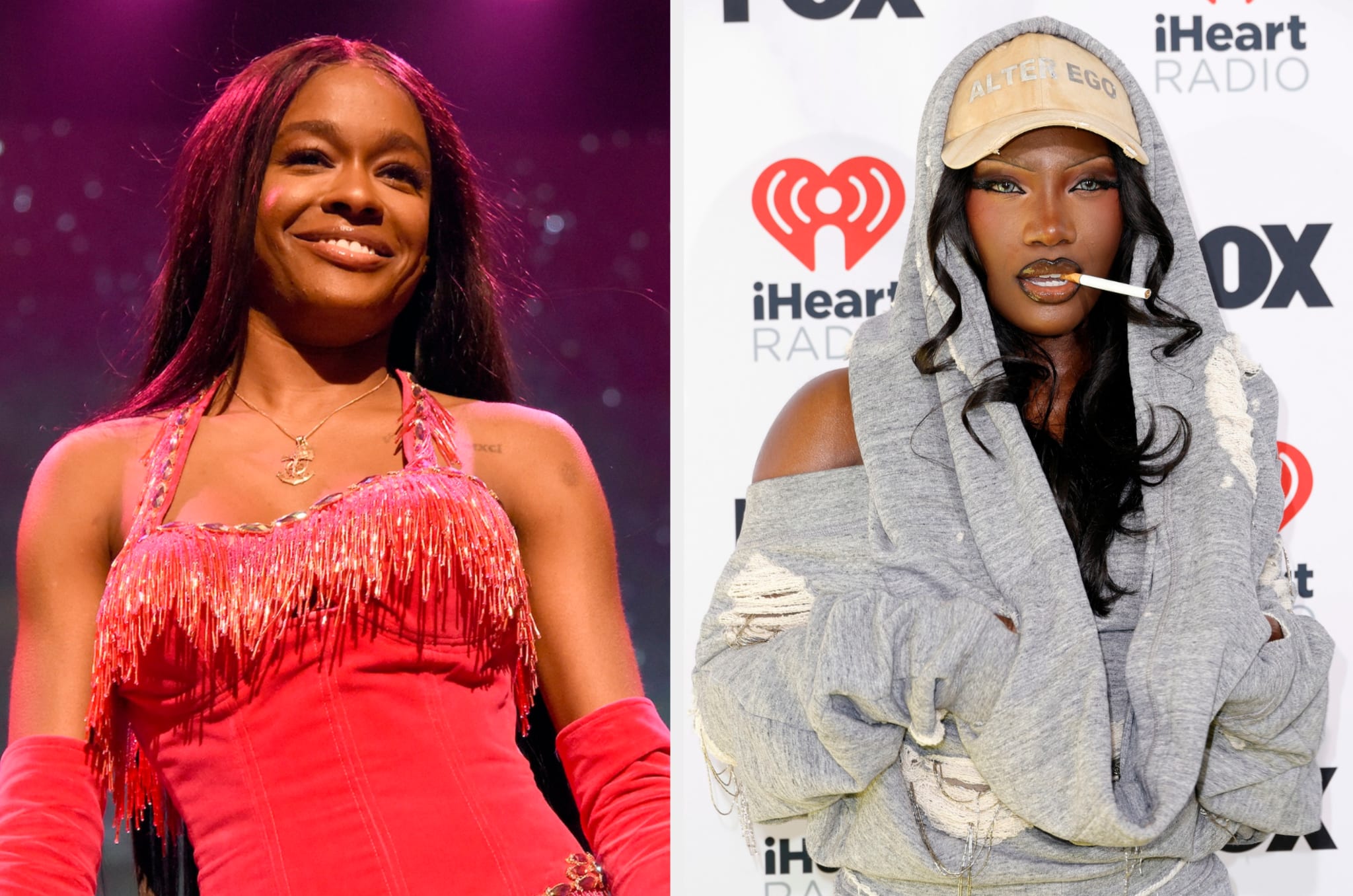 Two separate photos: Left shows a performer on stage in a fringe outfit, right is a musician in a hoodie at a radio event