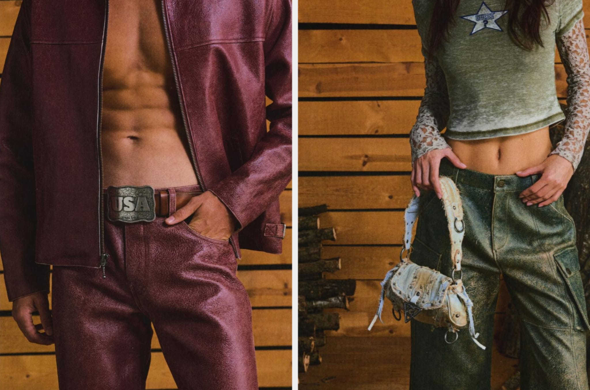 Two models in a split image, one in a cropped jacket, the other in a star-printed top and belted trousers, with a patterned bag