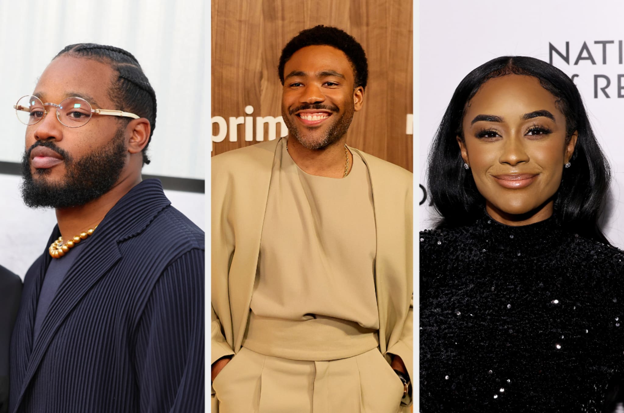Three celebrities in formal wear: left in a striped suit, center in a beige outfit, right in a black sparkly dress; african american movie directors