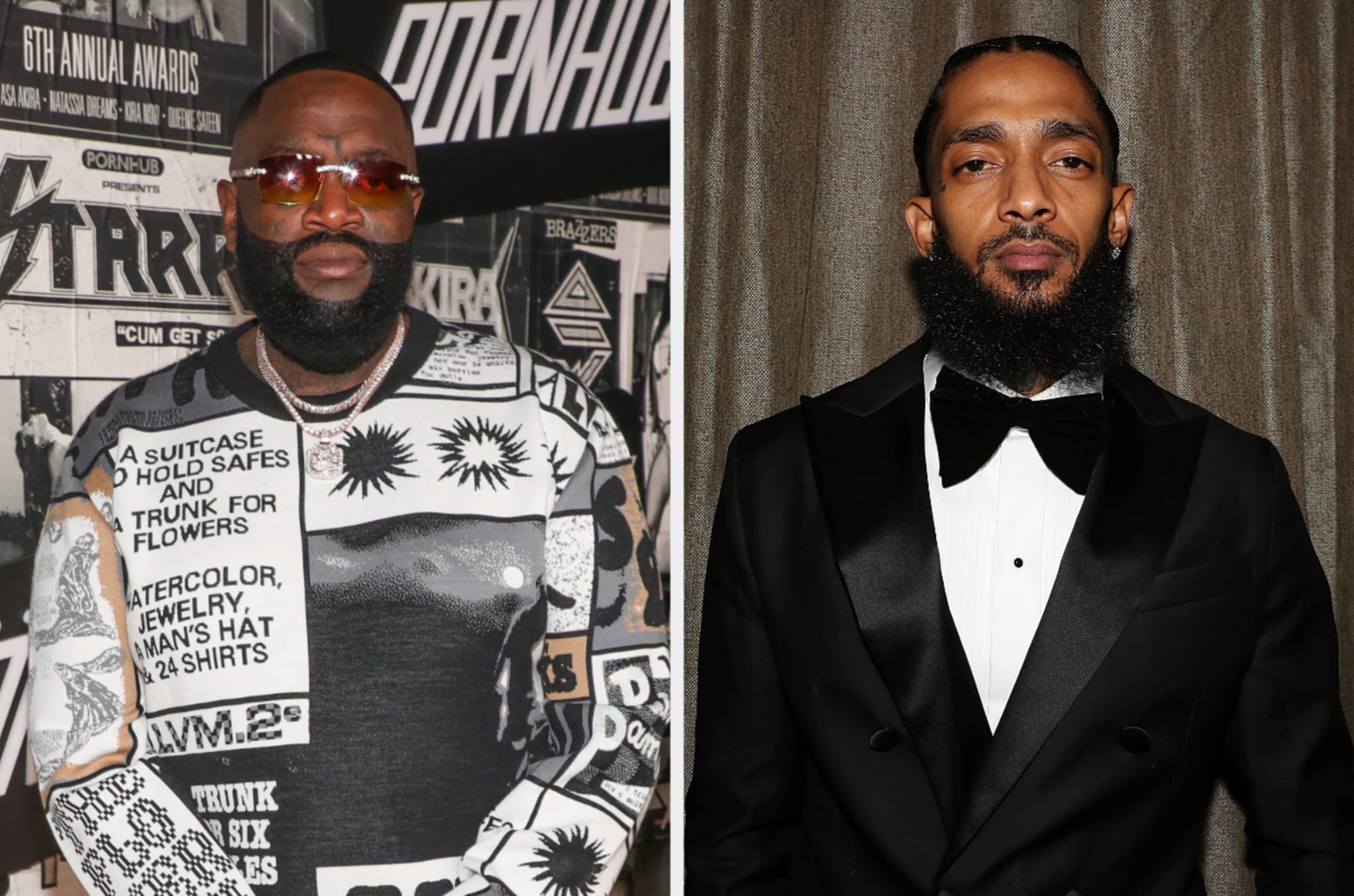 Rick Ross attends the 6th Annual Pornhub Awards at Whisky a Go Go on March 28, 2024 in West Hollywood, California/Nipsey Hussle attends Nipsey Hussle Grammy Celebration at The Peppermint Club on February 8, 2019 in Los Angeles, California