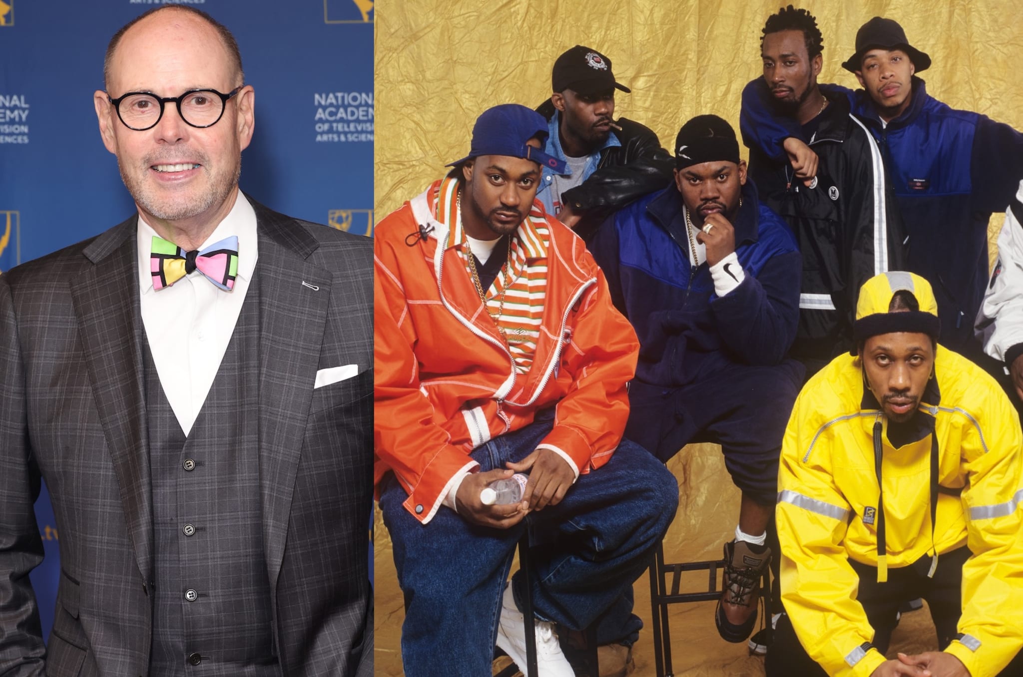 Ernie Johnson in a suit and bow tie on the left; Wu-Tang Clan members in colorful outfits on the right.
