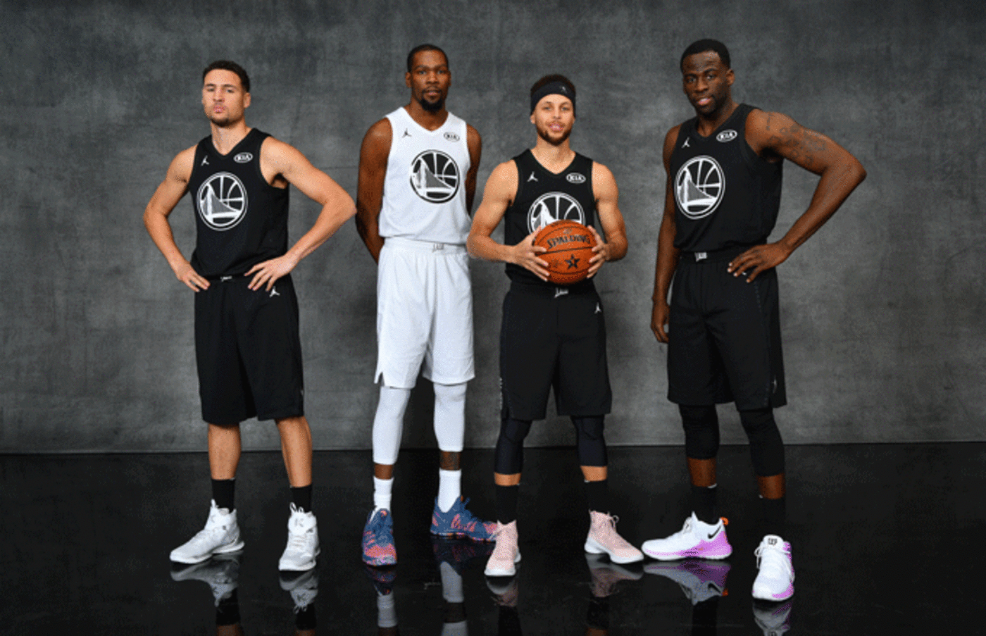 Golden State Warriors stars: Klay Thompson, Kevin Durant, Stephen Curry, and Draymond Green.
