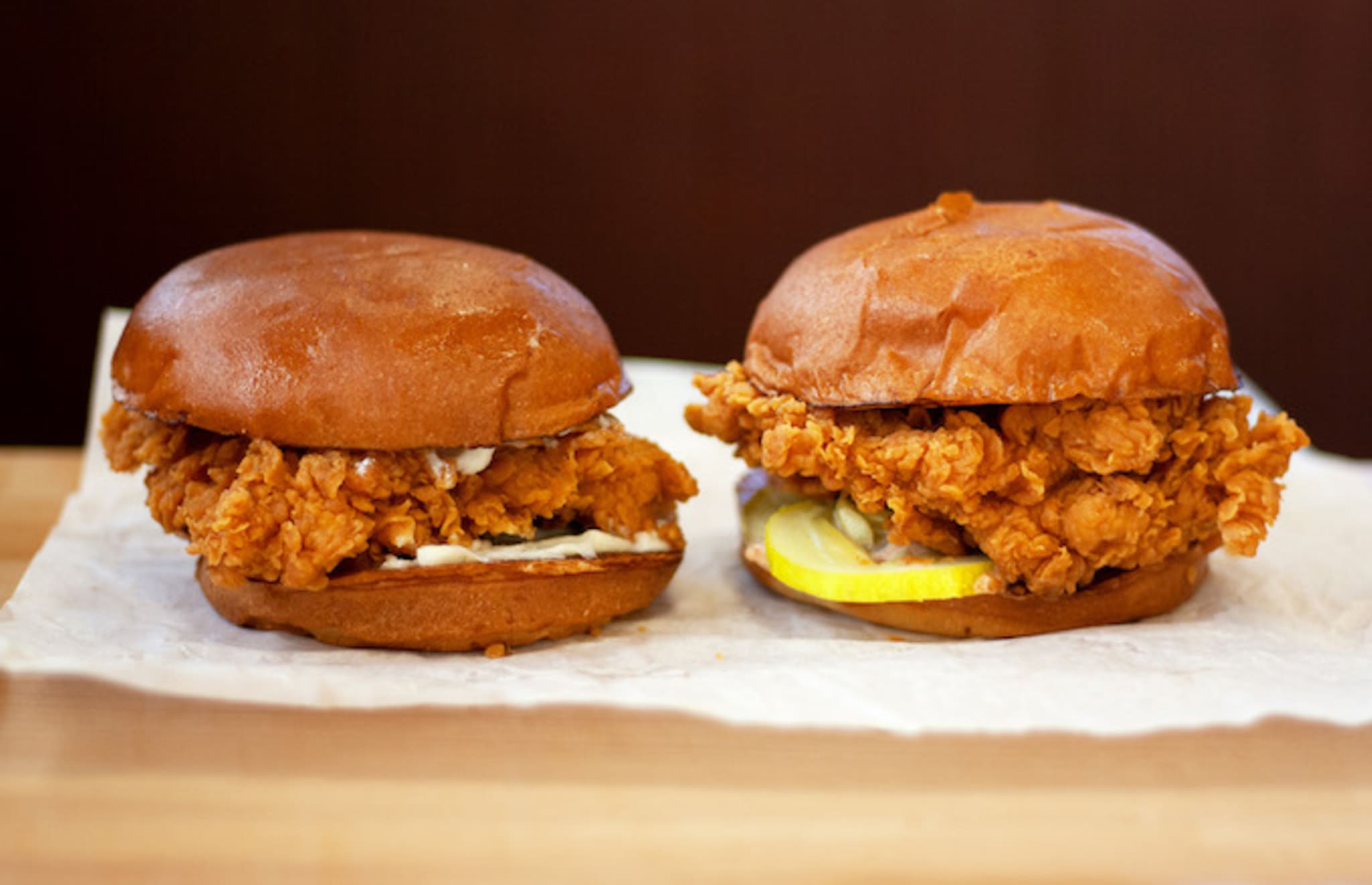 Both types of Popeyes chicken sandwiches.