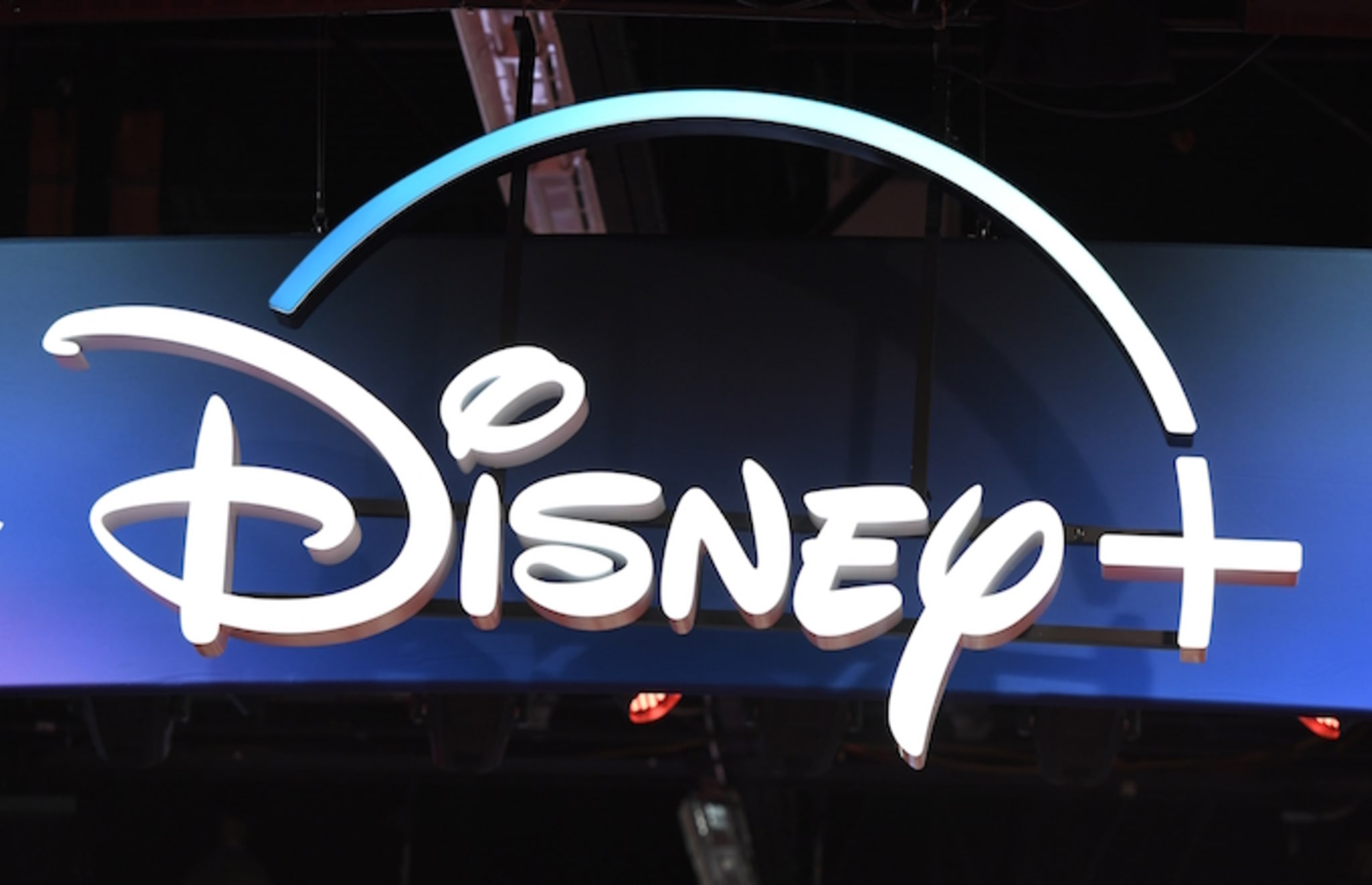 A Disney+ streaming service sign is pictured at the D23 Expo.