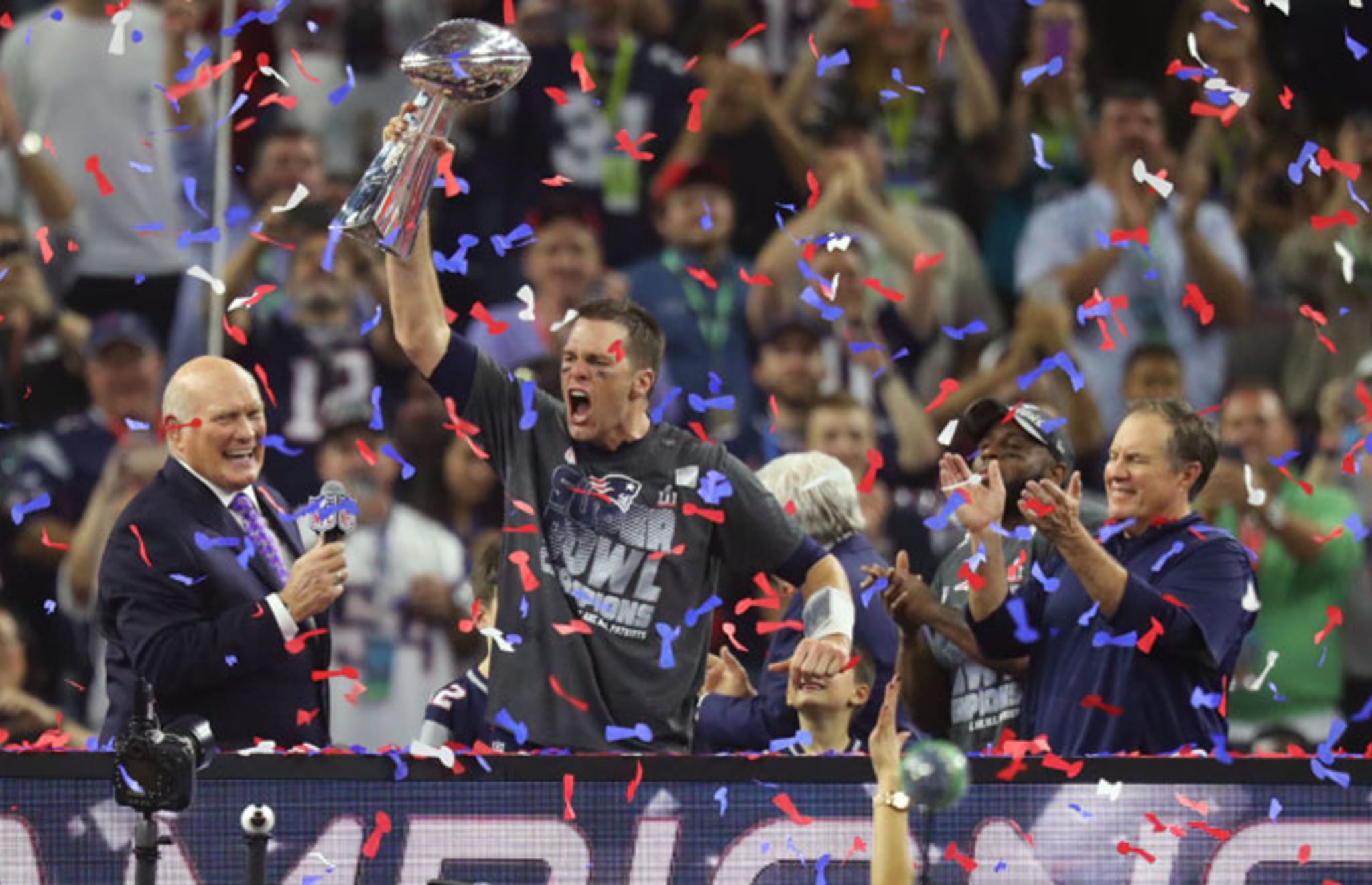 Tom Brady celebrates winning the 2017 Super Bowl over the Atlanta Falcons.