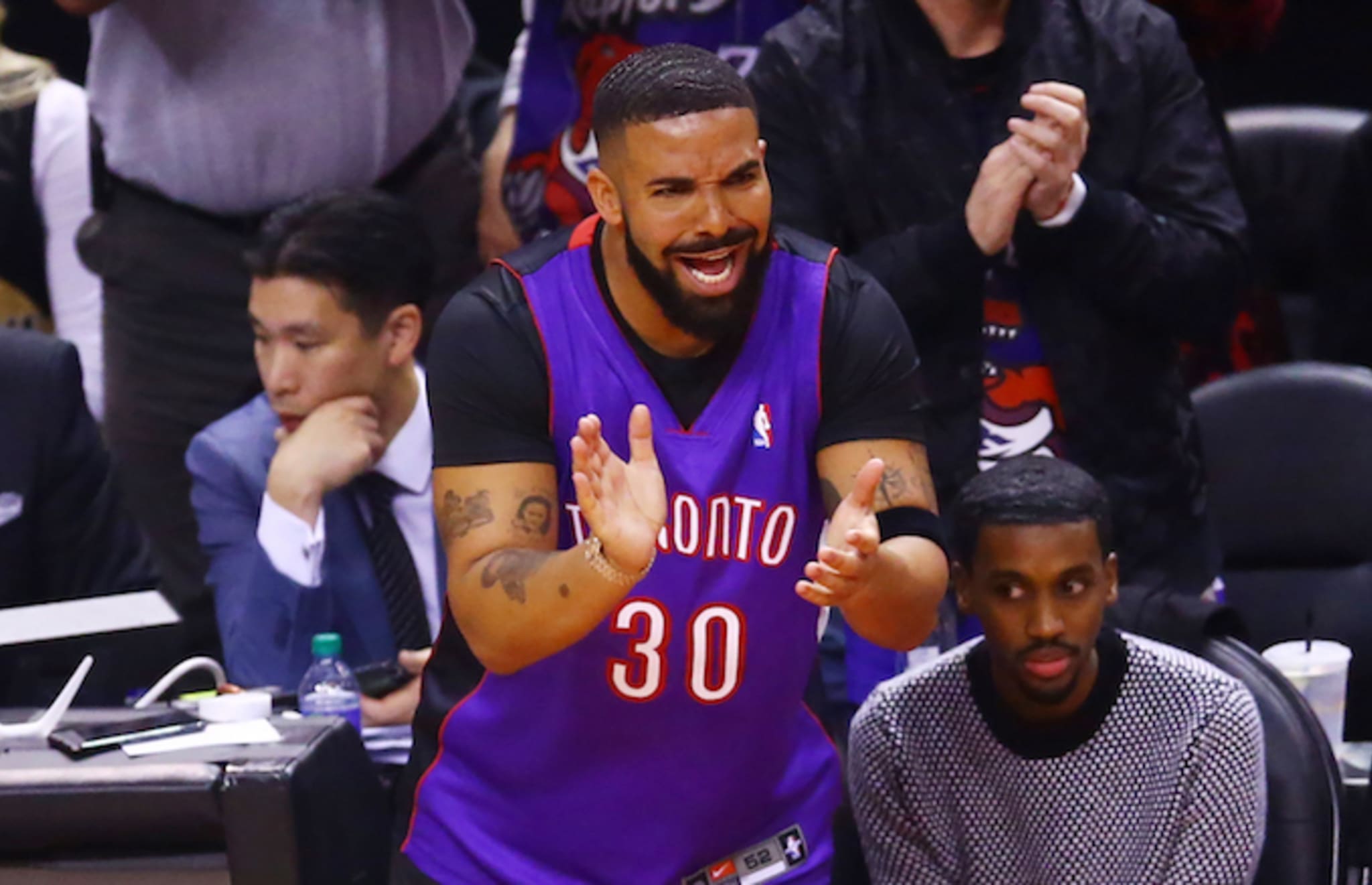 Drake reacts during Game One of the 2019 NBA Finals.