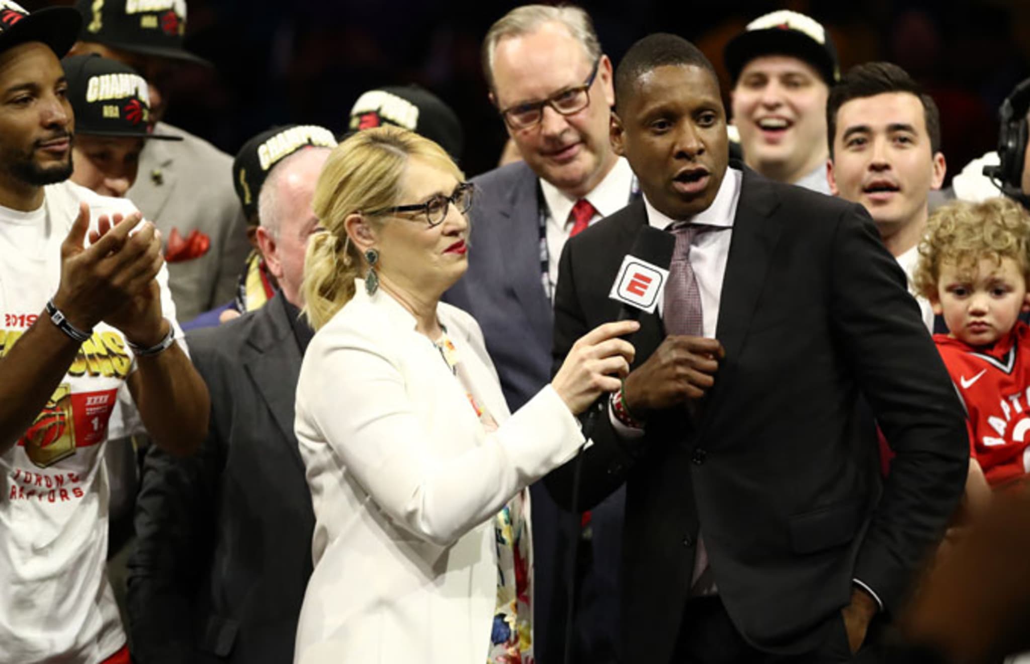 Raptors exec. Masai Ujiri talks to ESPN's Doris Burke after the team wins the 2019 championship.