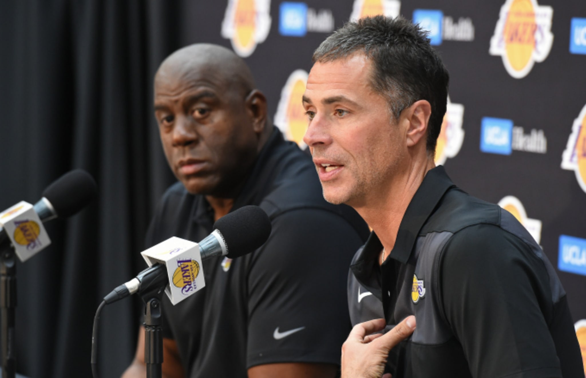 Lakers President of Basketball Operations Earvin "Magic" Johnson and General Manager Rob Pelinka
