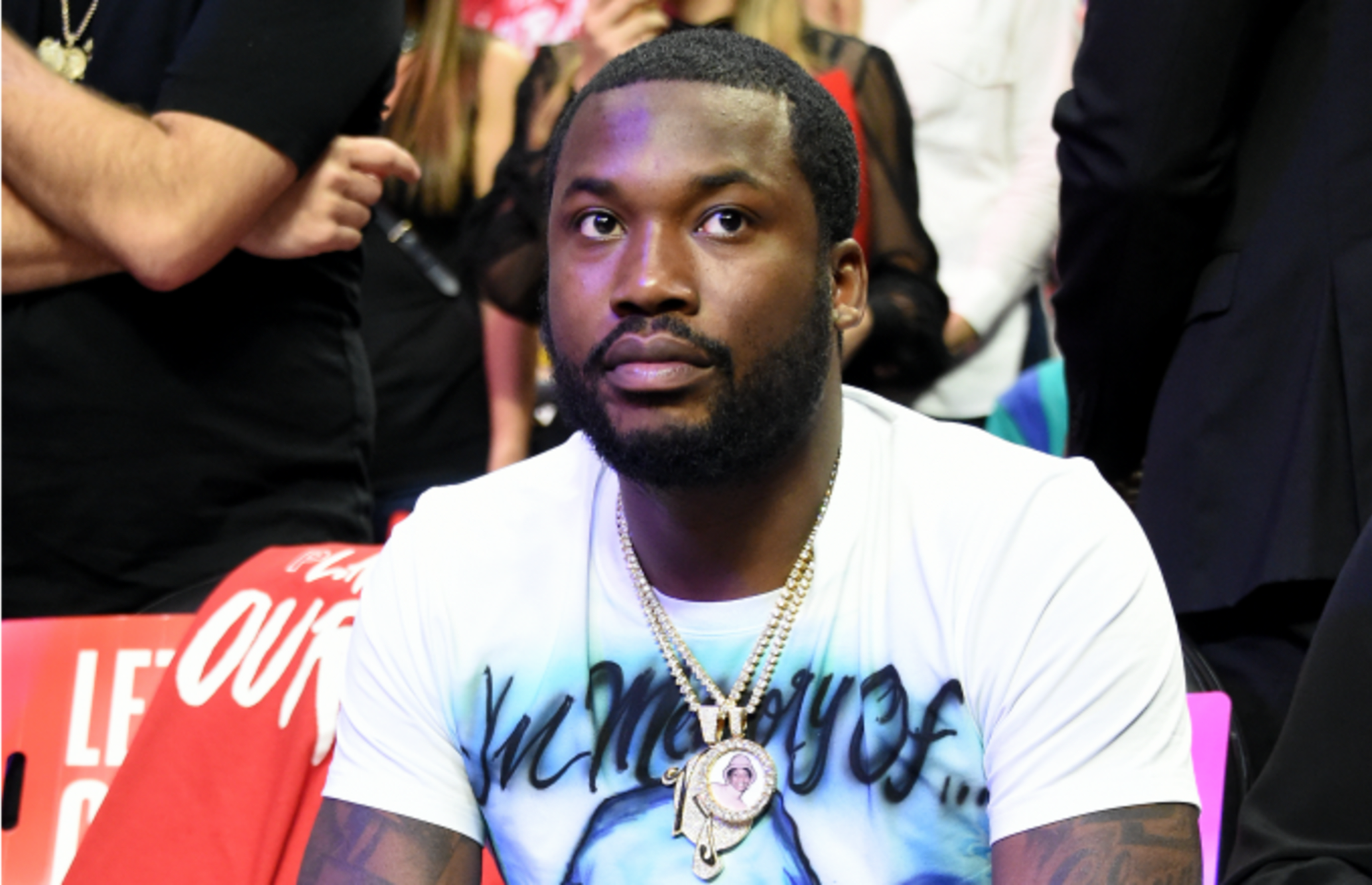 Meek Mill attends Game Three of Round One of the 2019 NBA Playoffs