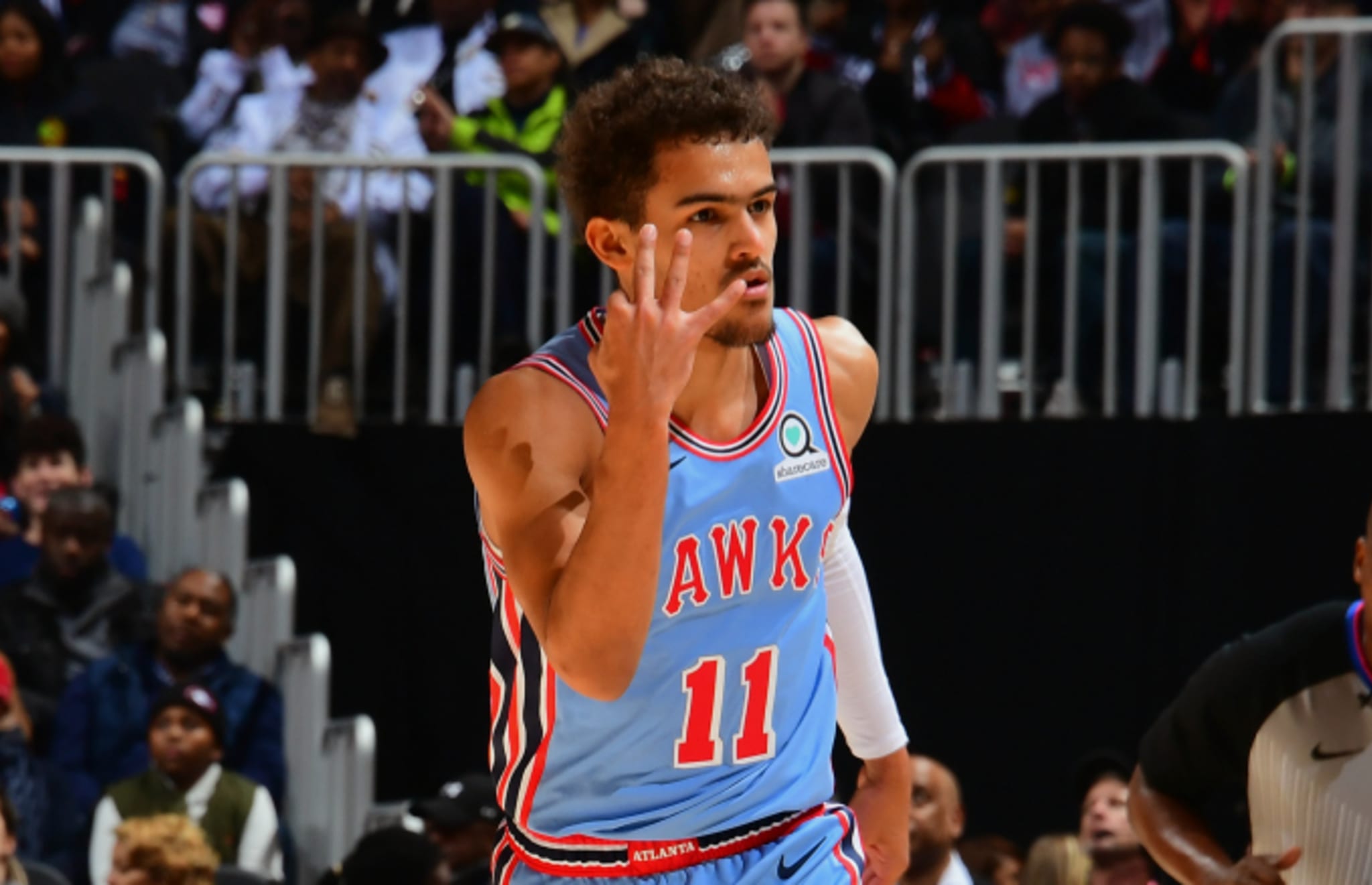Trae Young #11 of the Atlanta Hawks reacts against the Oklahoma City Thunder