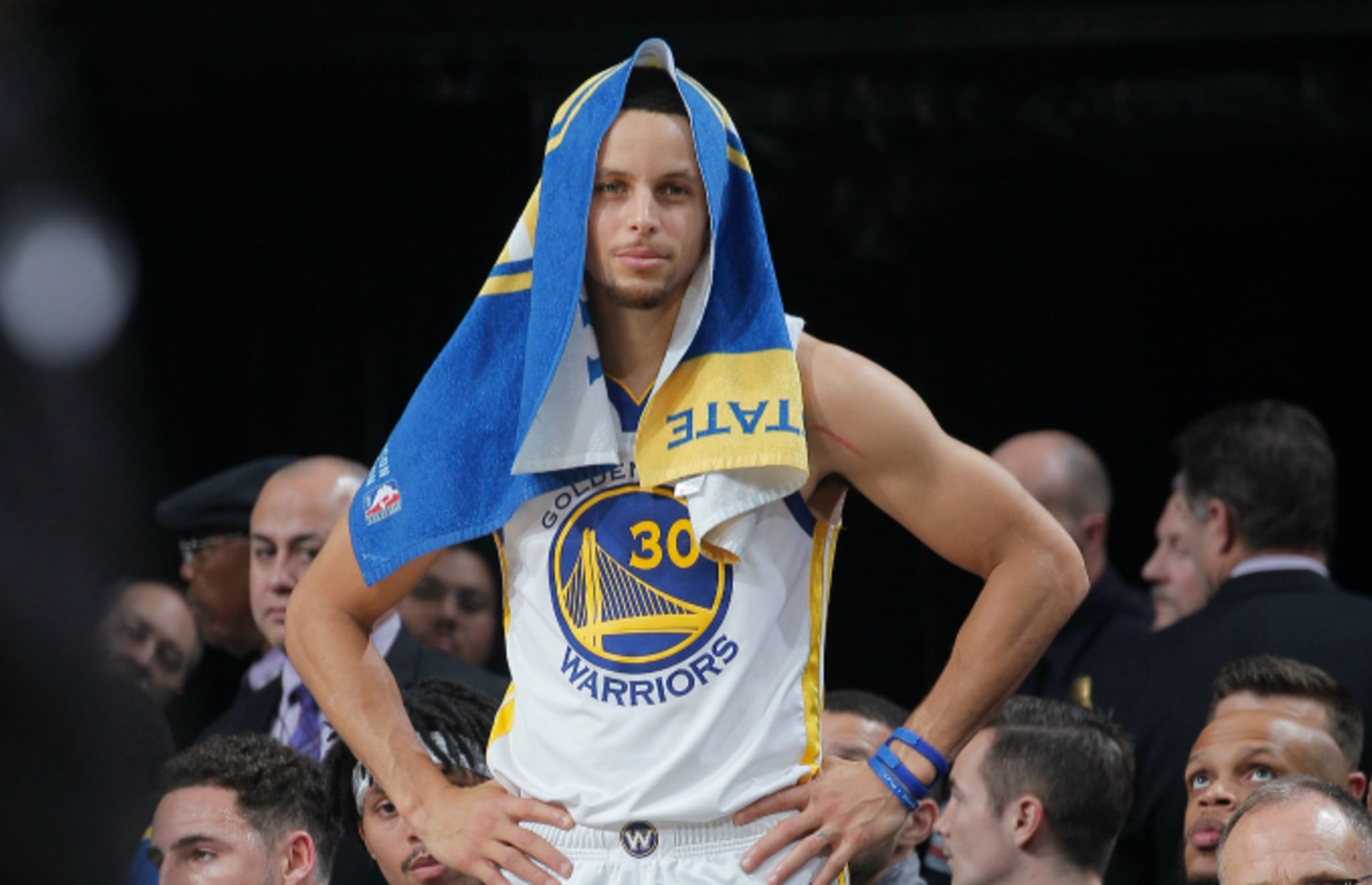 Stephen Curry of the Golden State Warriors looks on during the game