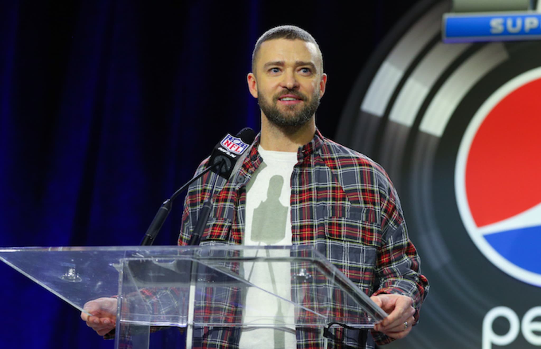 Justin Timberlak at a SuperBowl LII Pepsi Halftime Show Press Conference.