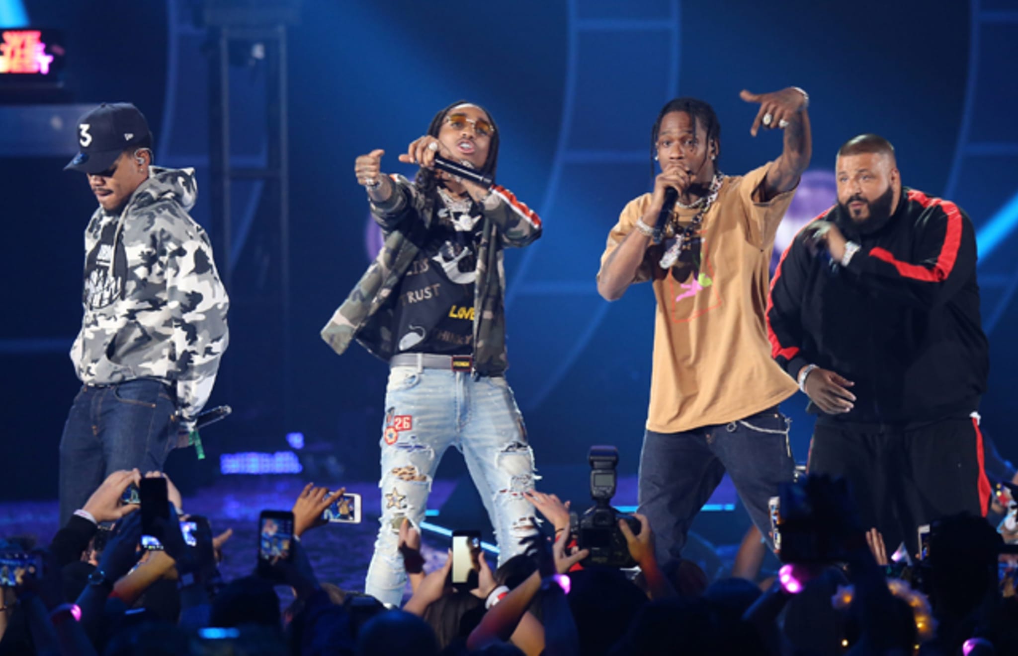 DJ Khaled, Travis Scott, Chance The Rapper and Quavo perform onstage