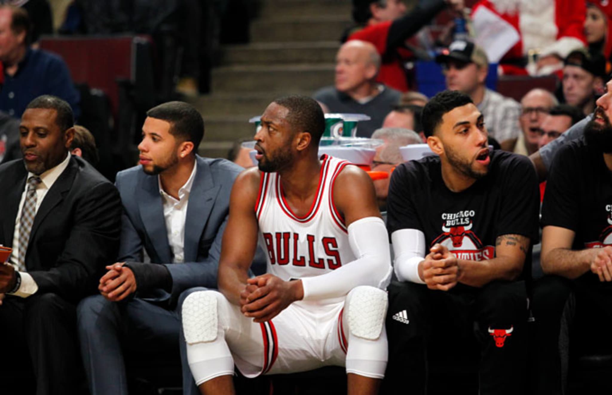 Dwyane Wade sits on the bench during a regular season game in December 2016.