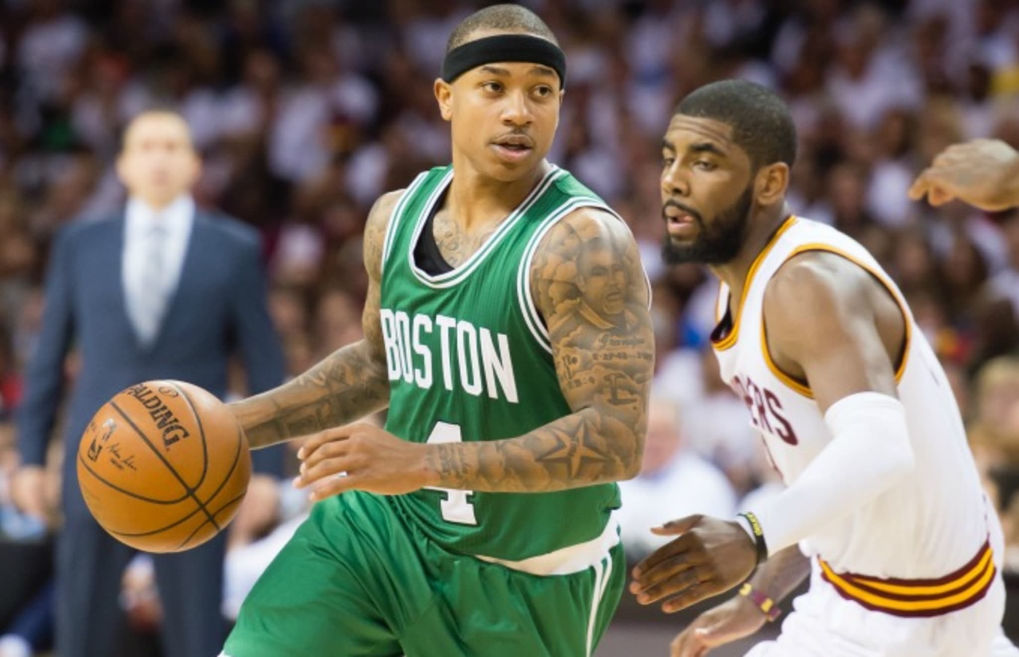Kyrie Irving guards Isaiah Thomas.