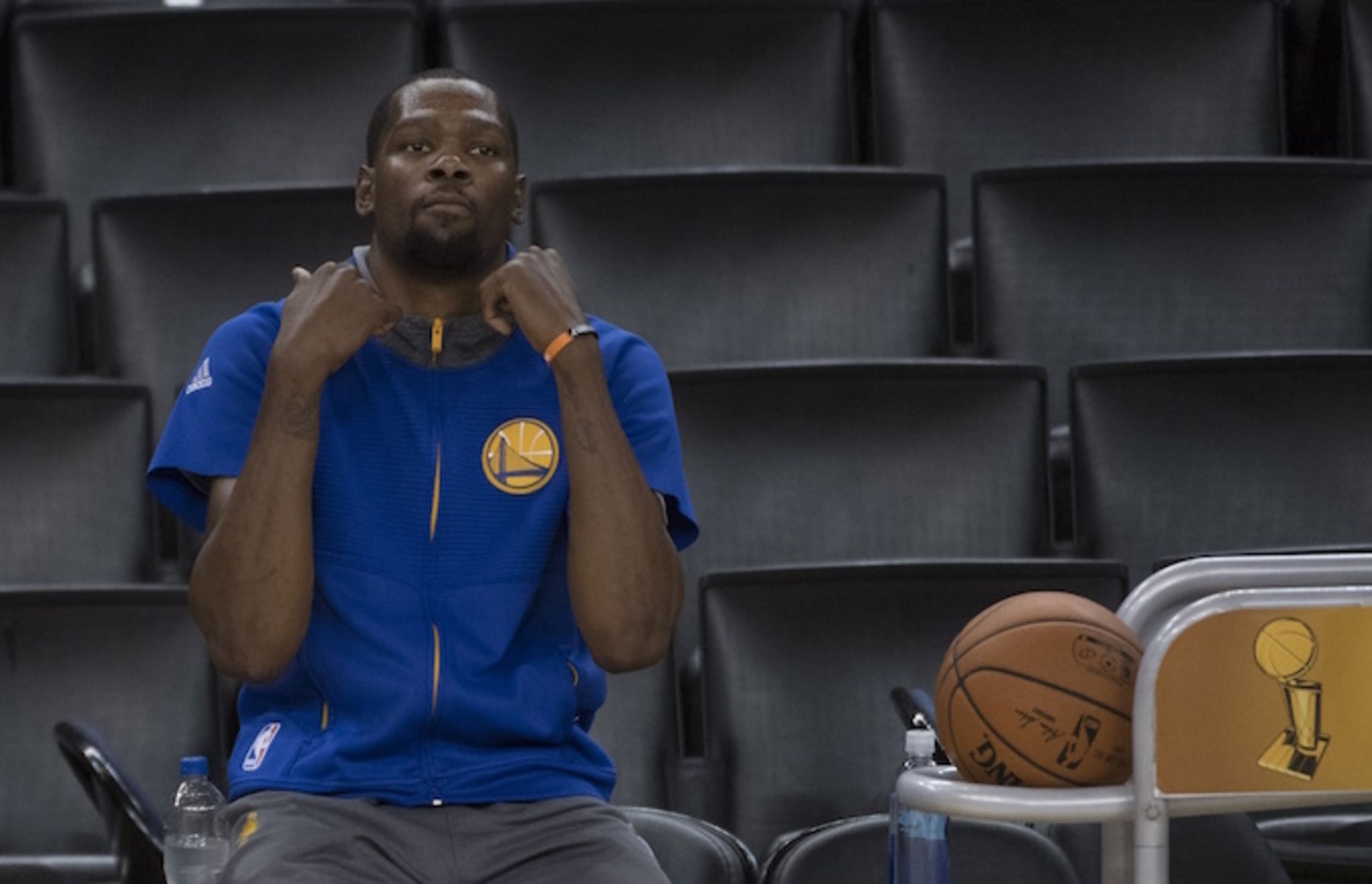 Kevin Durant waits for the 2017 NBA Finals Media Day to get underway.