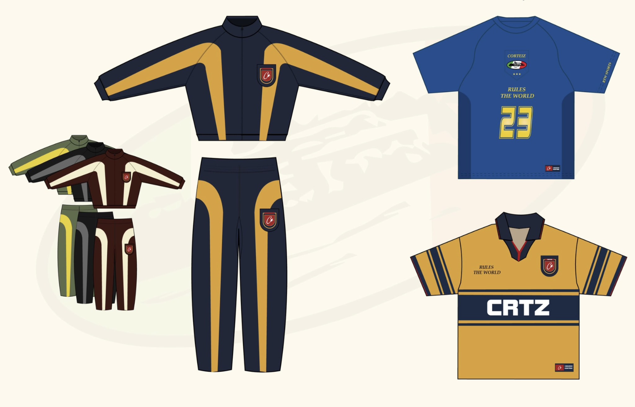 A collage of clothing designs featuring various jackets, hoodies, and tracksuits in different colors and styles, with "Corteiz" branding.