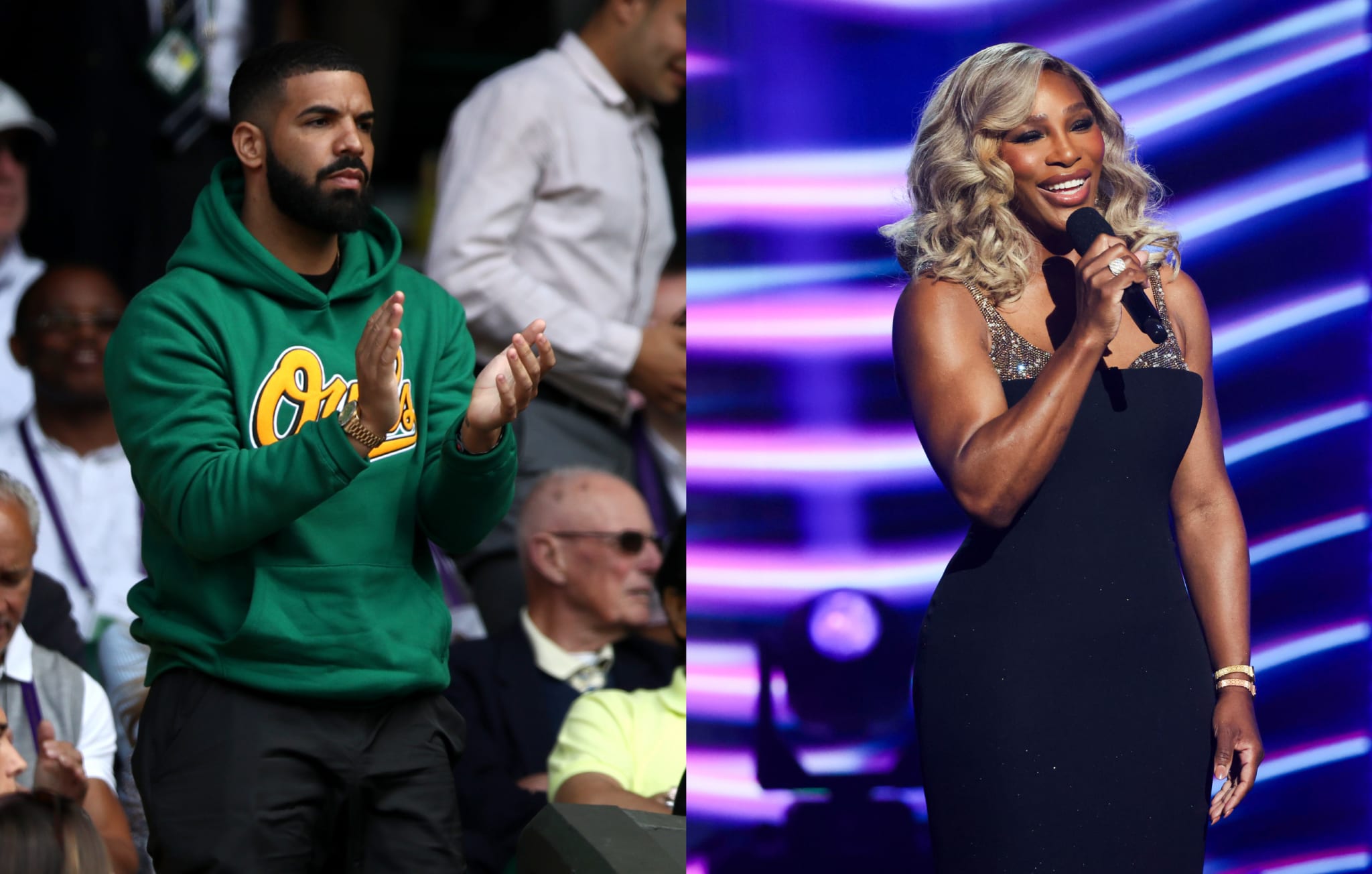 Drake cheering on Serena at Wimbledon in 2018; Serena Williams "Not Like Us"-ing Drake at the 2024 ESPYs.