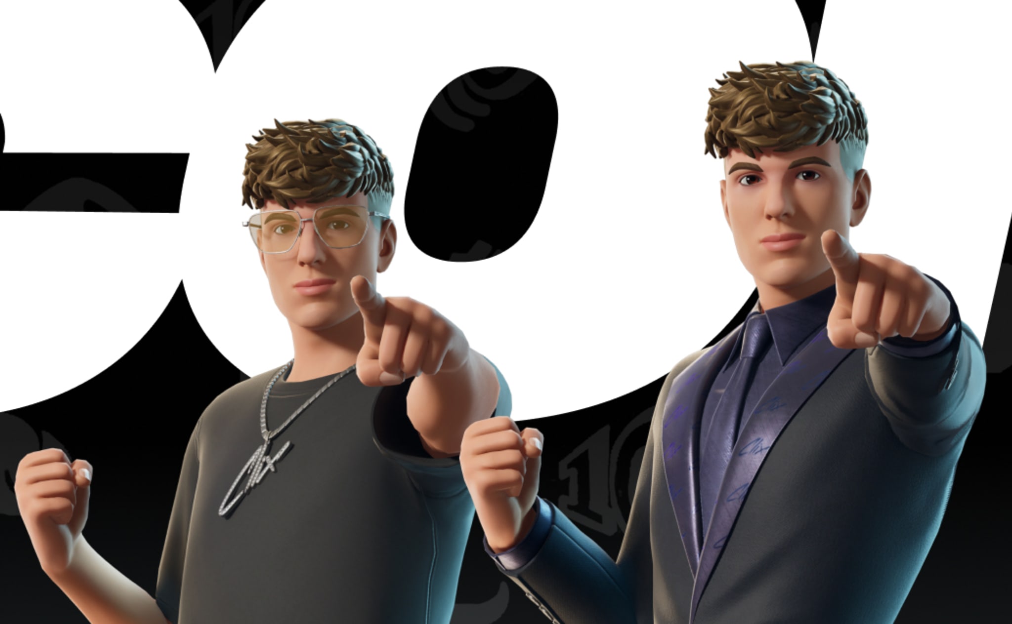 Two animated Clix and Sparkplug Fortnite characters with similar hairstyles, one in casual attire with glasses and a chain, the other in a suit, both pointing forward.