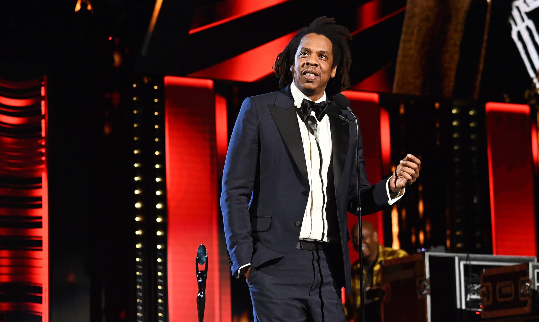 Jay-Z speaking onstage at 36th Annual Rock and Roll Hall of Fame