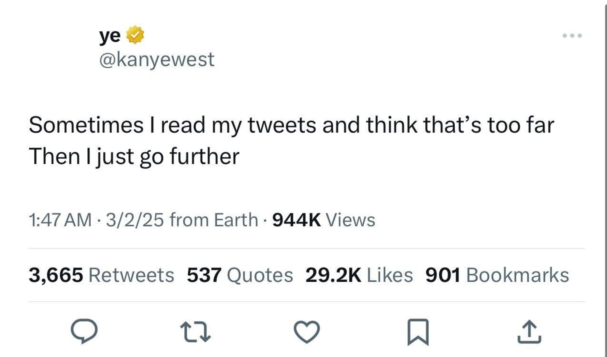 Un tweet de Kanye West, déclarant : « Parfois, je lis mes tweets et je pense que c'est trop loin. Ensuite, je vais plus loin », avec les mesures d'engagement ci-dessous.