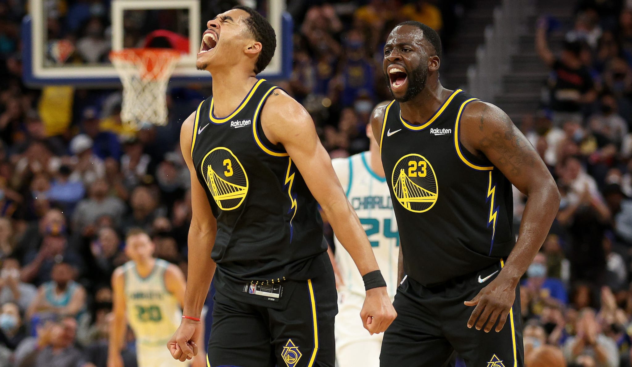 Draymond Green and Jordan Poole shouting in 2022