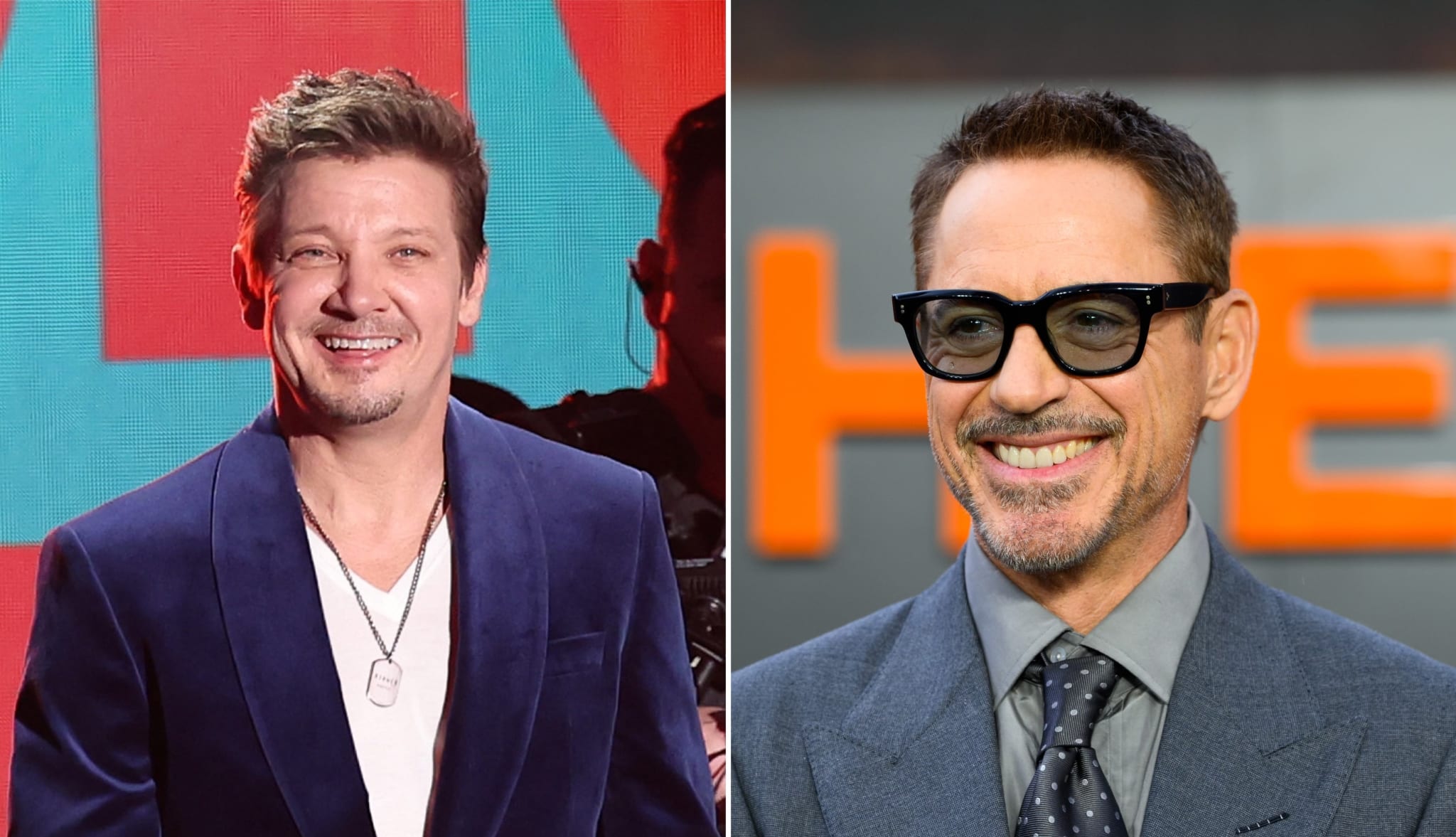 Jeremy Renner and Robert Downey Jr. are smiling in separate photos. Jeremy is wearing a velvet suit jacket, and Robert is in a suit and tie with glasses