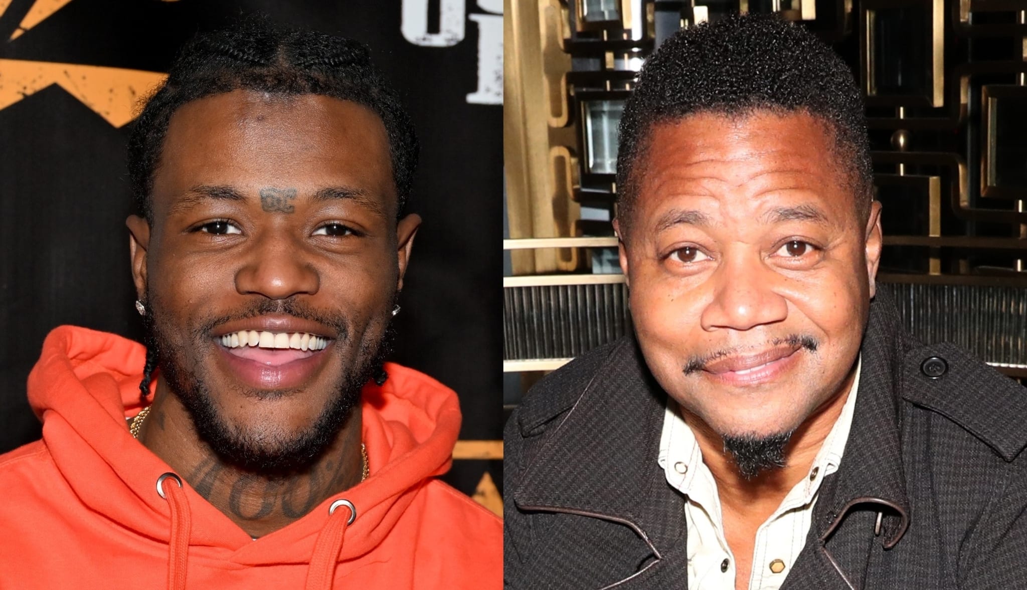 Split image of two men smiling, one in a red hoodie, the other in a black jacket