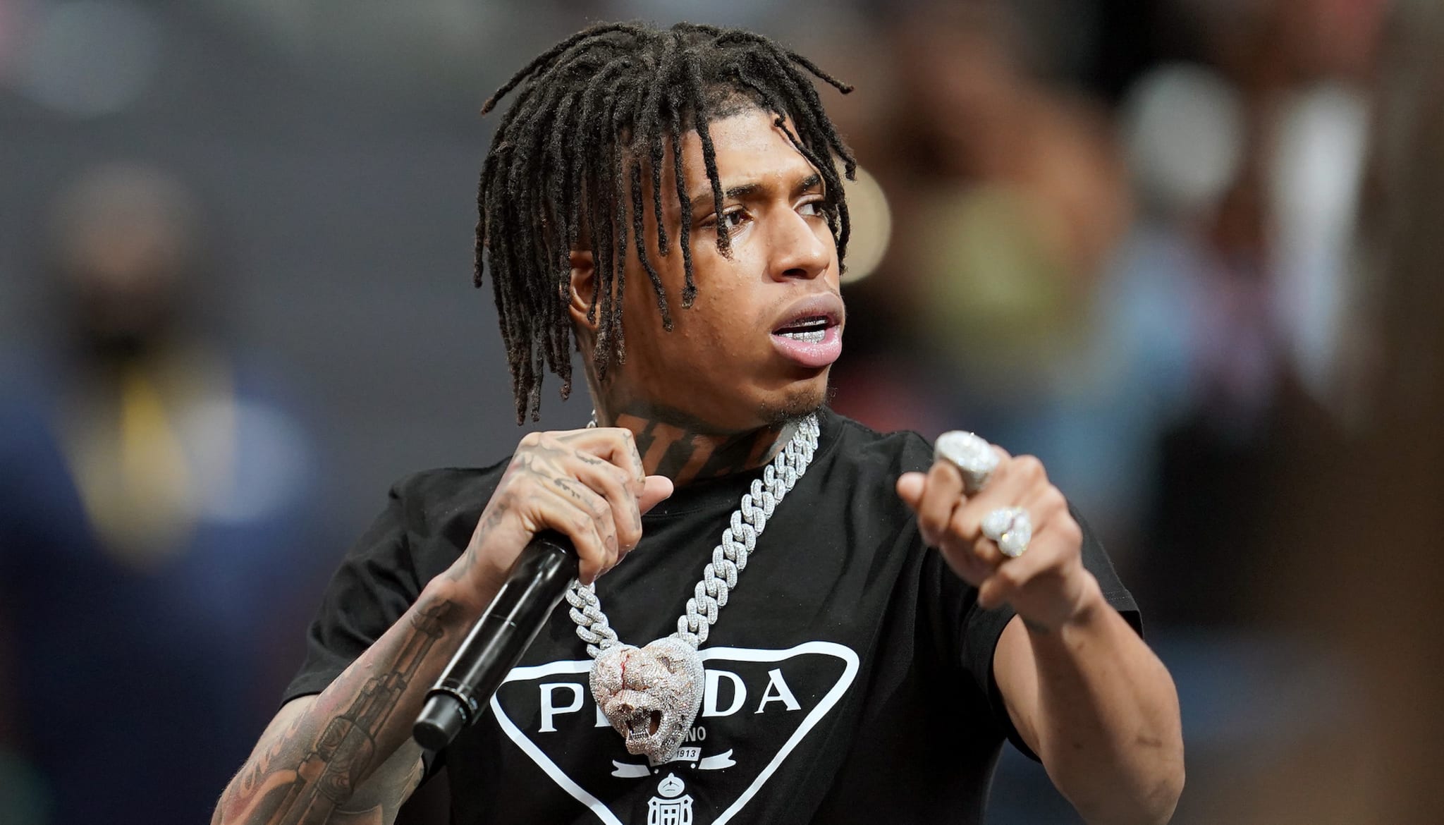 NLE Choppa performing onstage during Big3 event