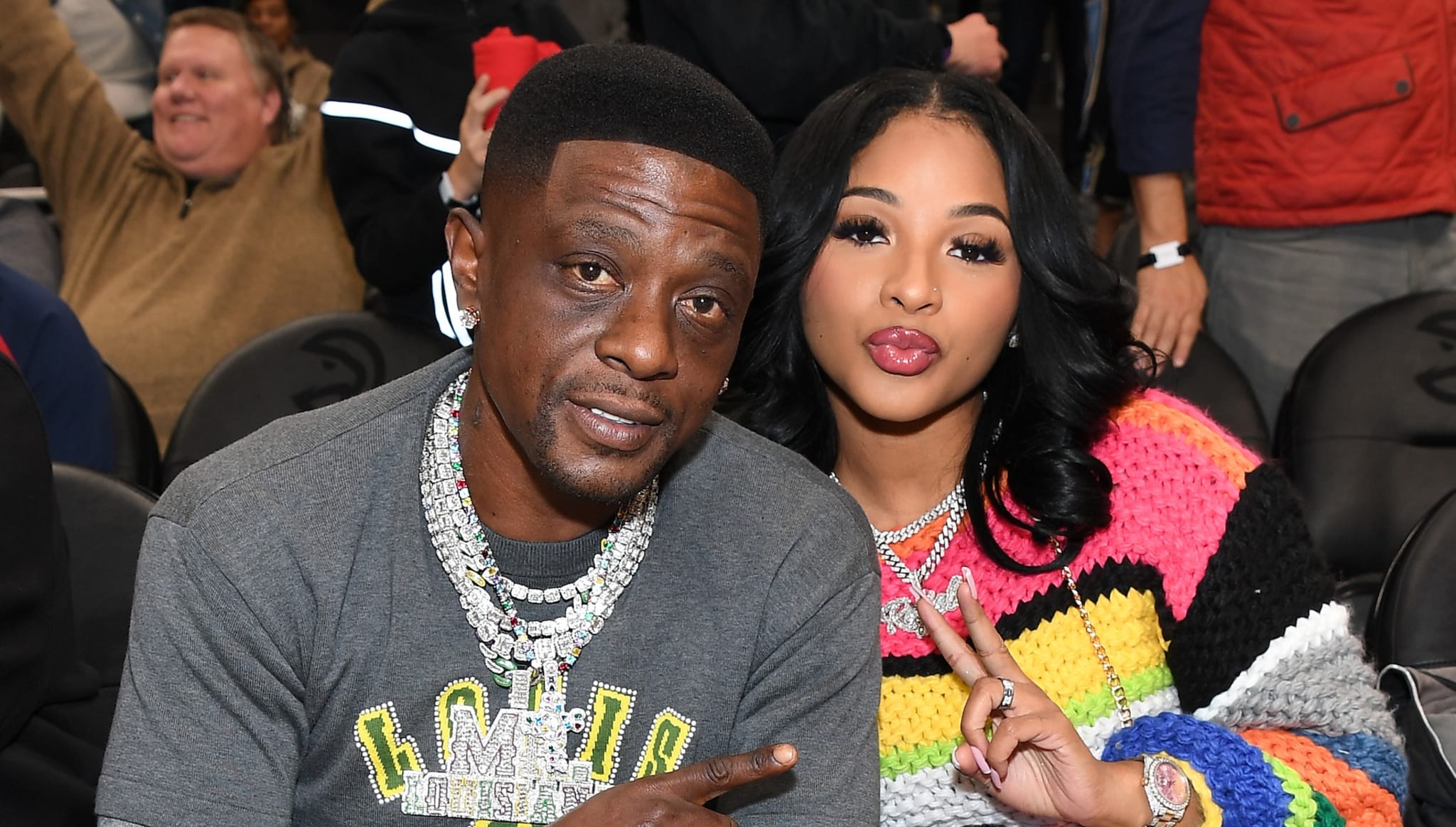 ATLANTA, GEORGIA - DECEMBER 08: Rapper Boosie Badazz and Rajel Nelson attend the game between the Denver Nuggets and the Atlanta Hawks at State Farm Arena on December 08, 2024 in Atlanta, Georgia.