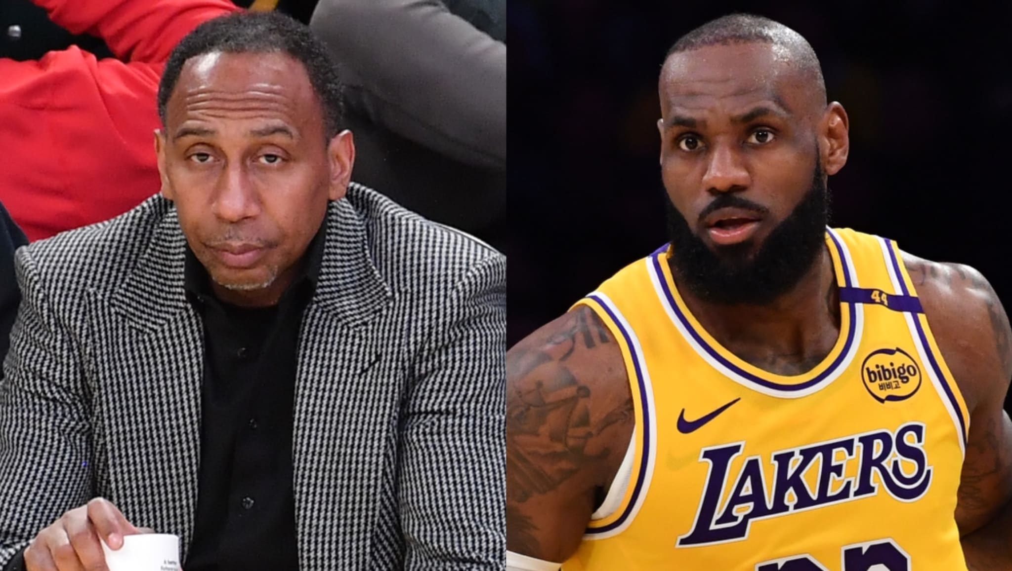 Stephen A. Smith in a checkered suit and LeBron James in a Lakers jersey.
