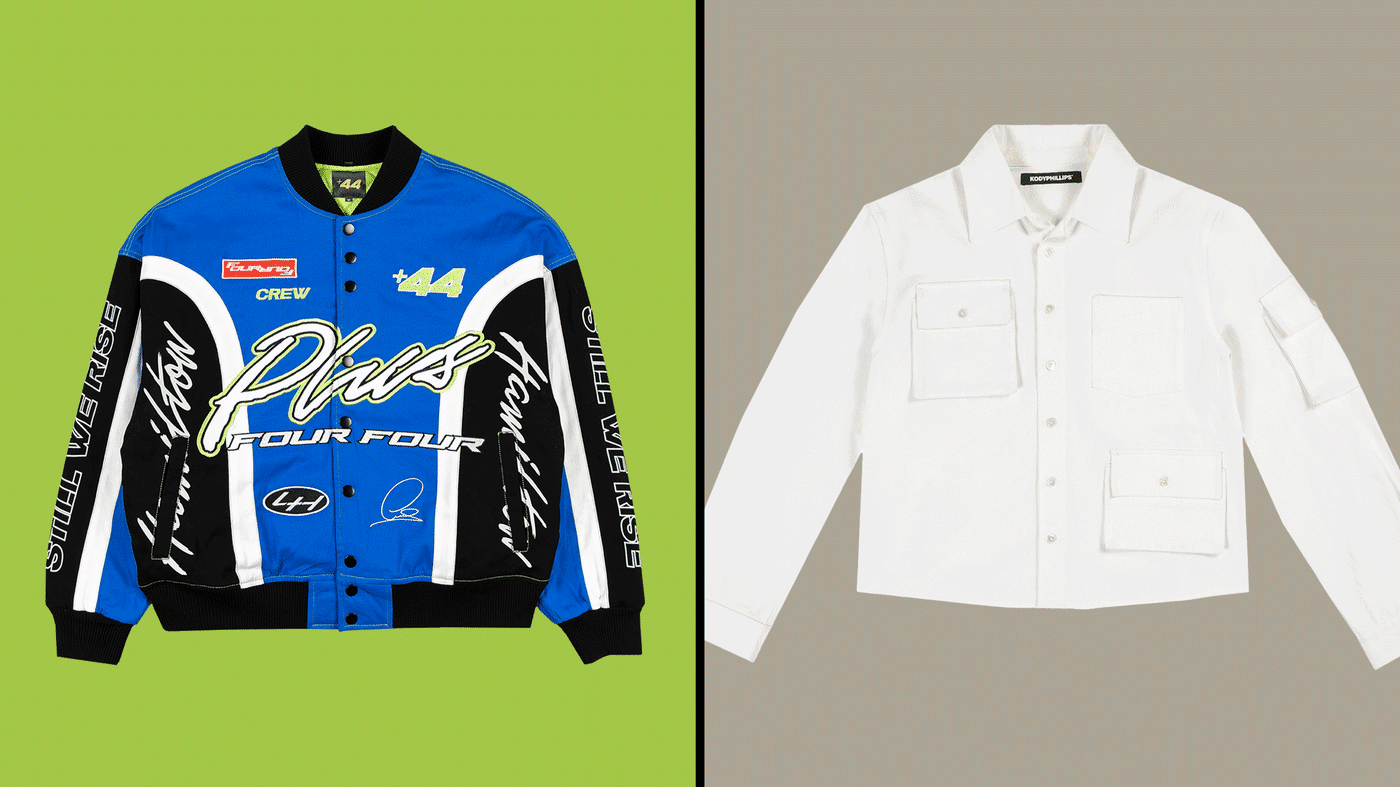 The image shows two jackets side by side. On the left is a blue and black racing-style jacket featuring various logos and text, including "Plus Four Four" and "Crew," with a black collar and cuffs. On the right is a white button-up jacket with two chest pockets and a simple, clean design. The background is split, with a green color behind the racing jacket and a beige color behind the white jacket.