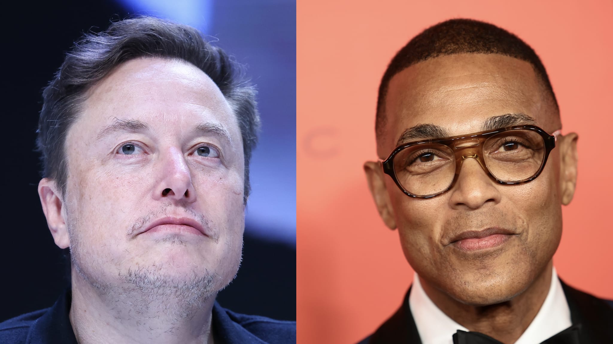 Elon Musk and Don Lemon side by side; Musk in casual attire, Lemon in a suit and tie with glasses