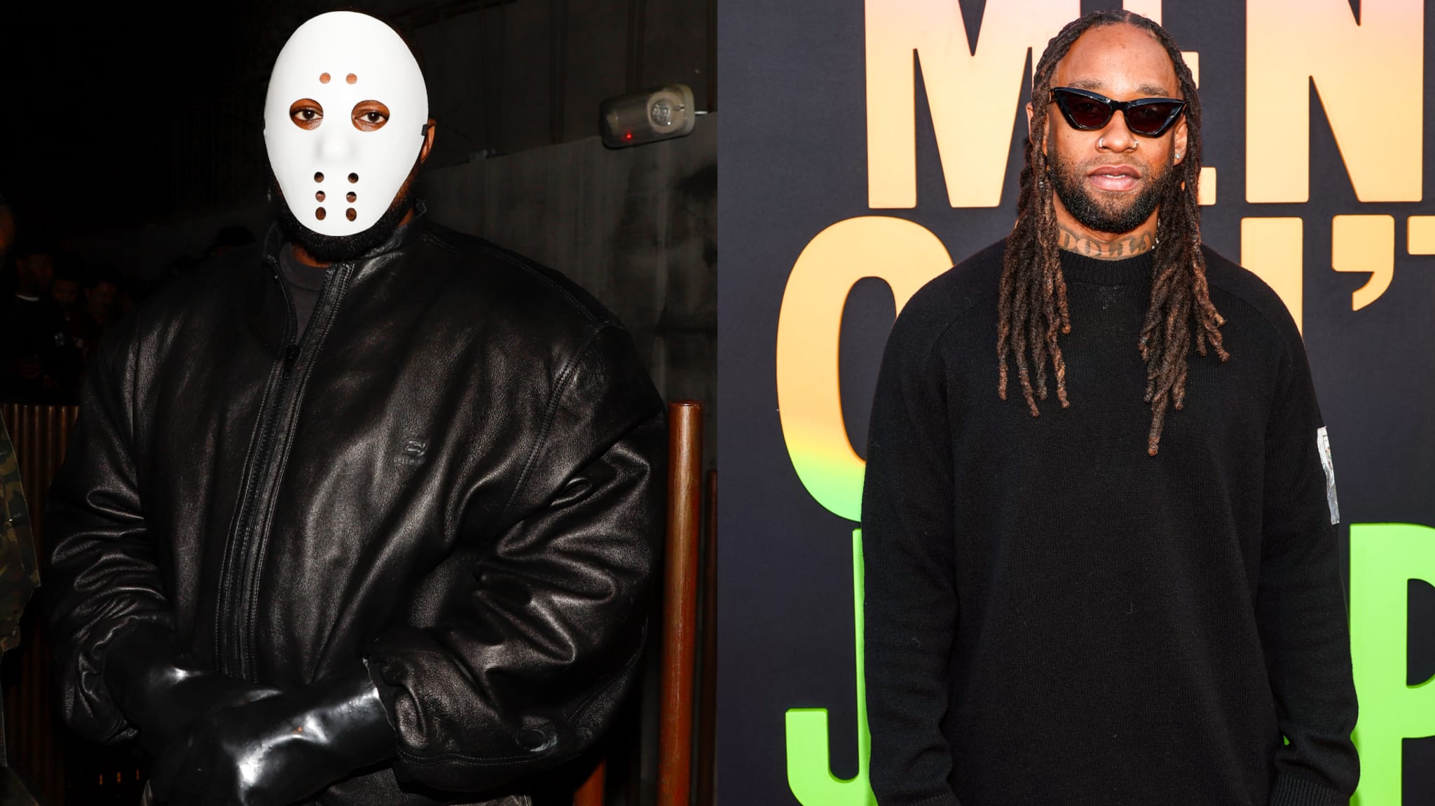 Two male musicians, one wearing a Jason mask and leather jacket, the other in sunglasses and a long-sleeve shirt, at an event